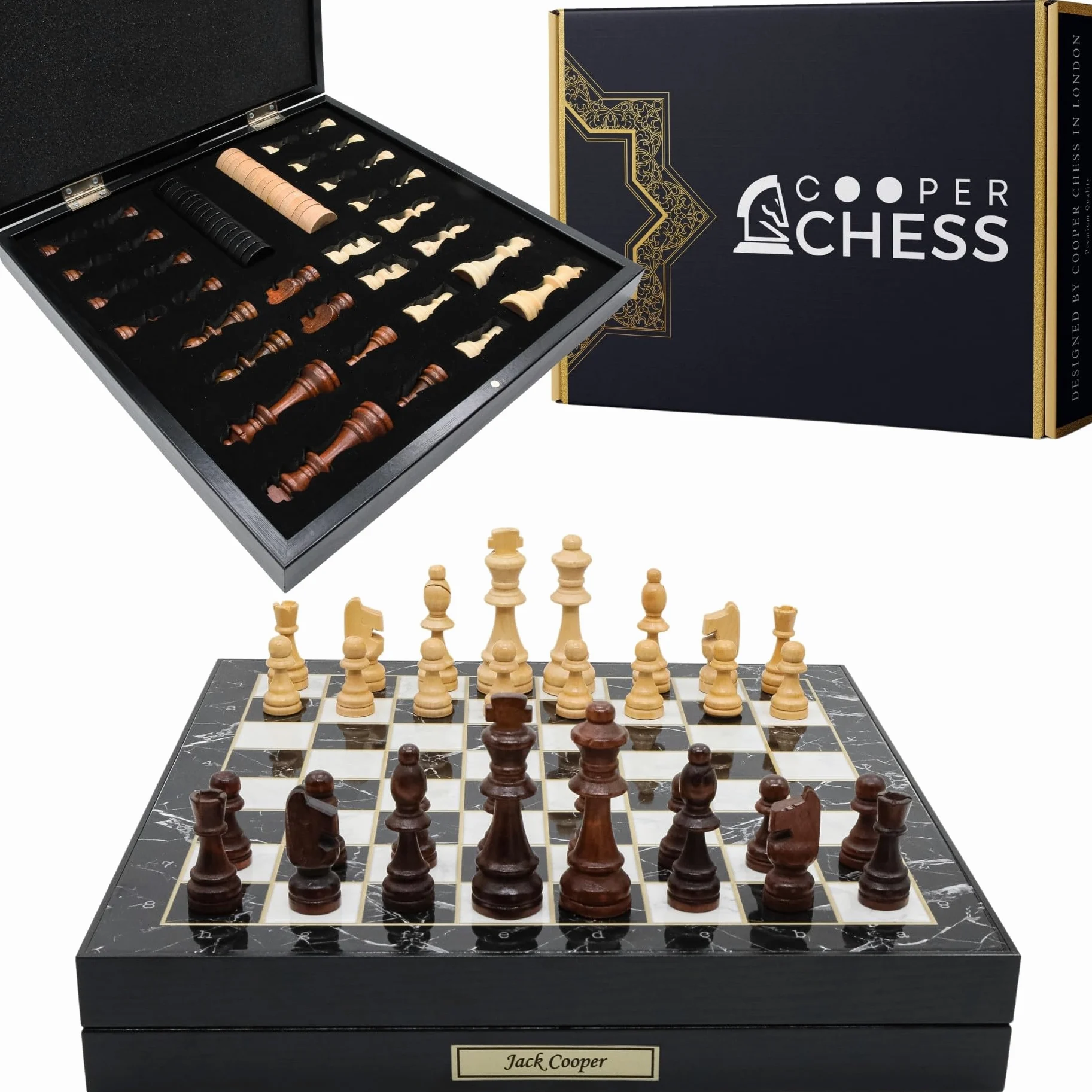 Jeu d'échecs de rangement personnalisé | 36 cm | Dames et pièces d'échecs en bois, courants d'air