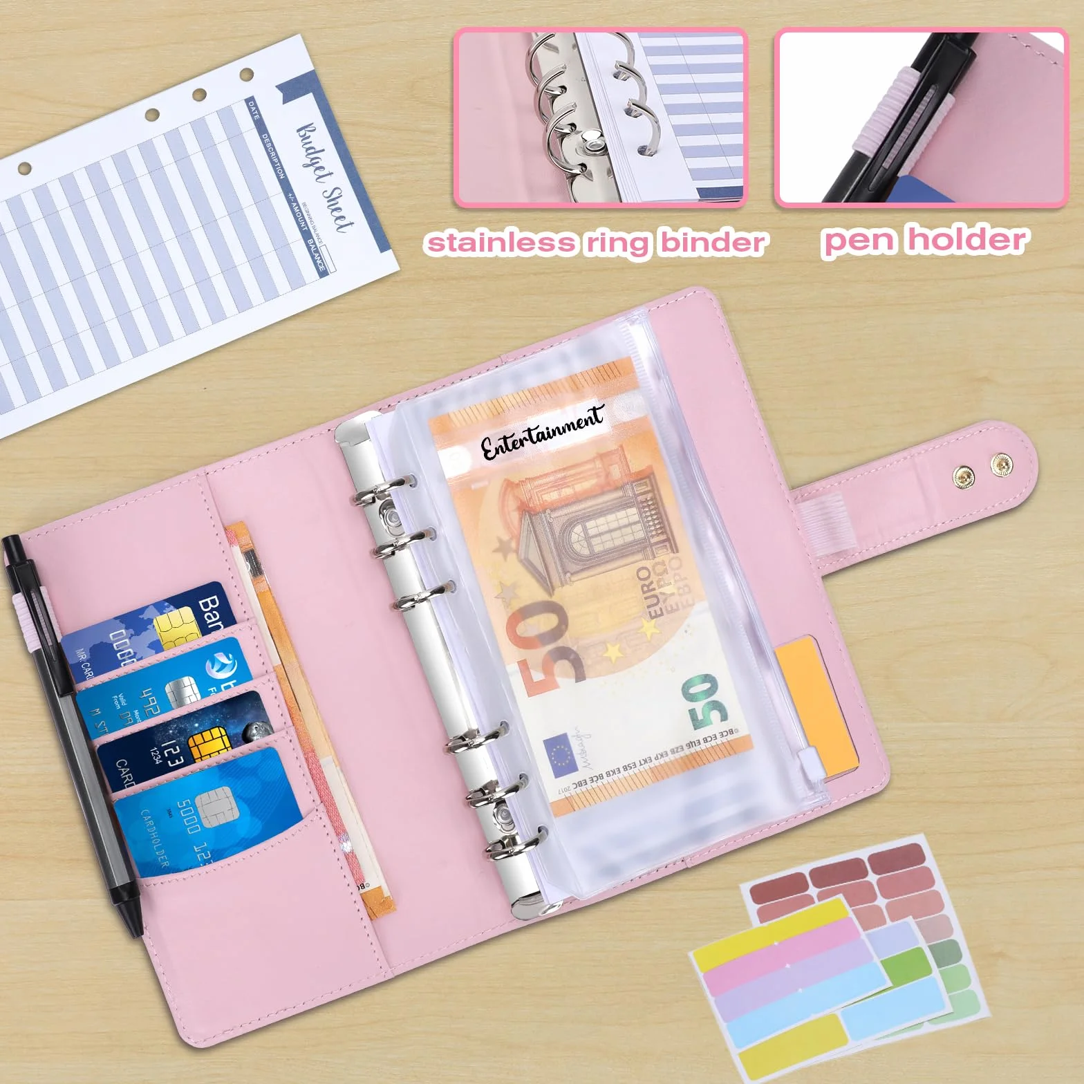 Euqvunn Enveloppe Budget A6 avec Enveloppes Argent Liquide, Fermoirs Ajustables, Classeur Budget Carnet Rose