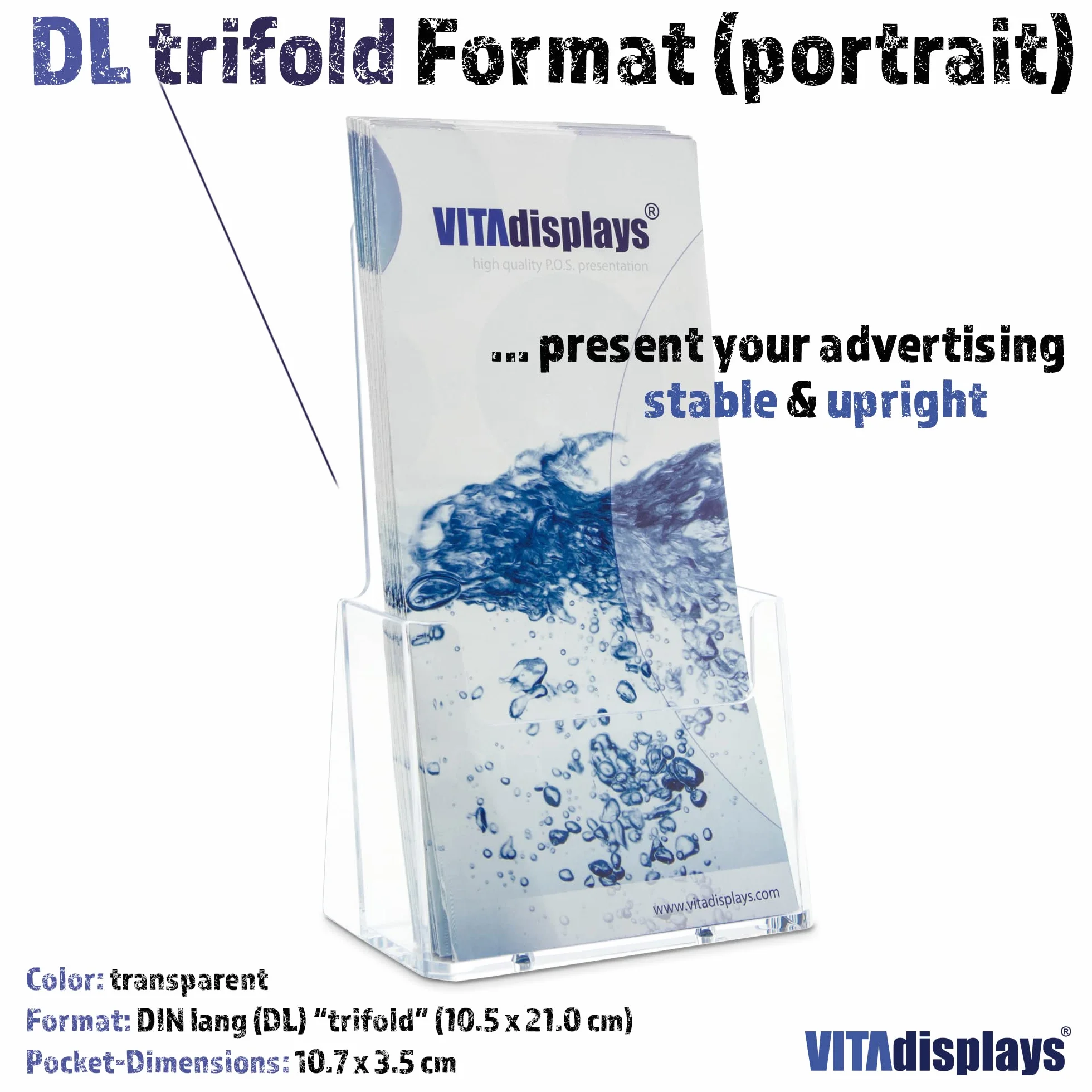 VITAdisplays Porte-brochures DIN Lang (DL) de table transparent polystyrène