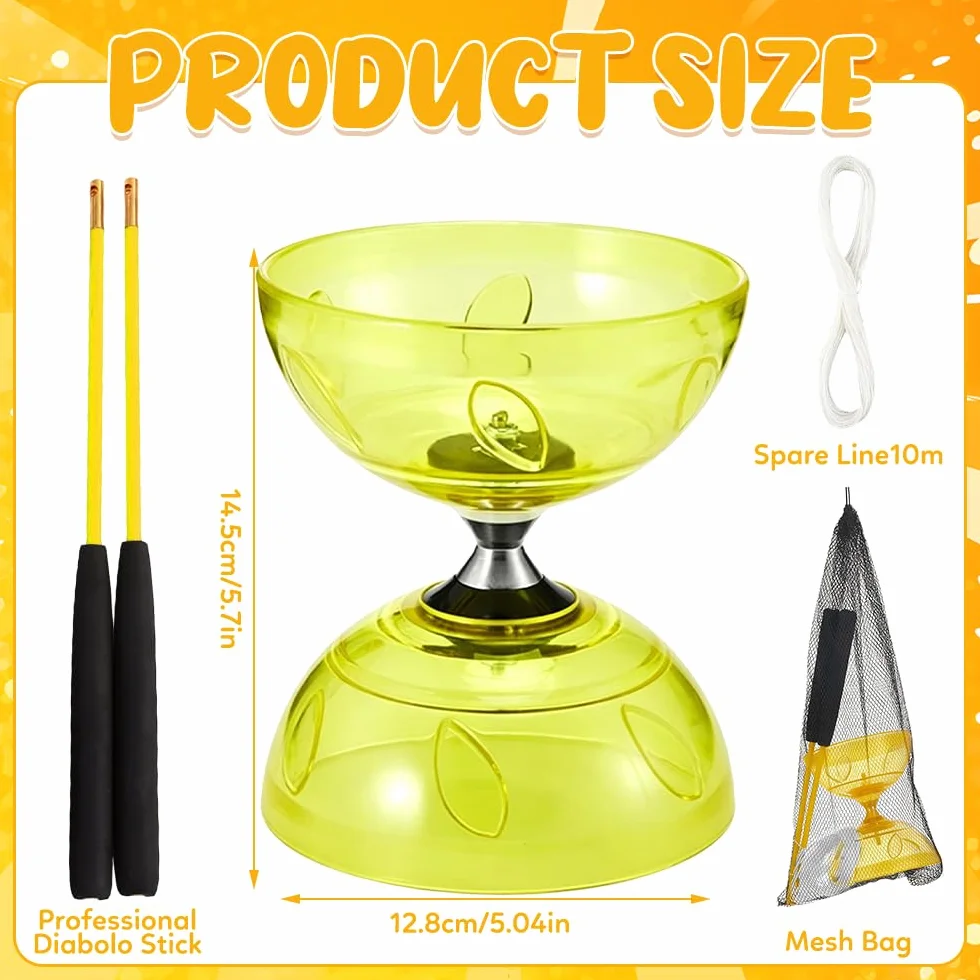 Diabolo LED roulement à billes 4,5 mm kit jonglage baguettes outil cirque roue libre jaune