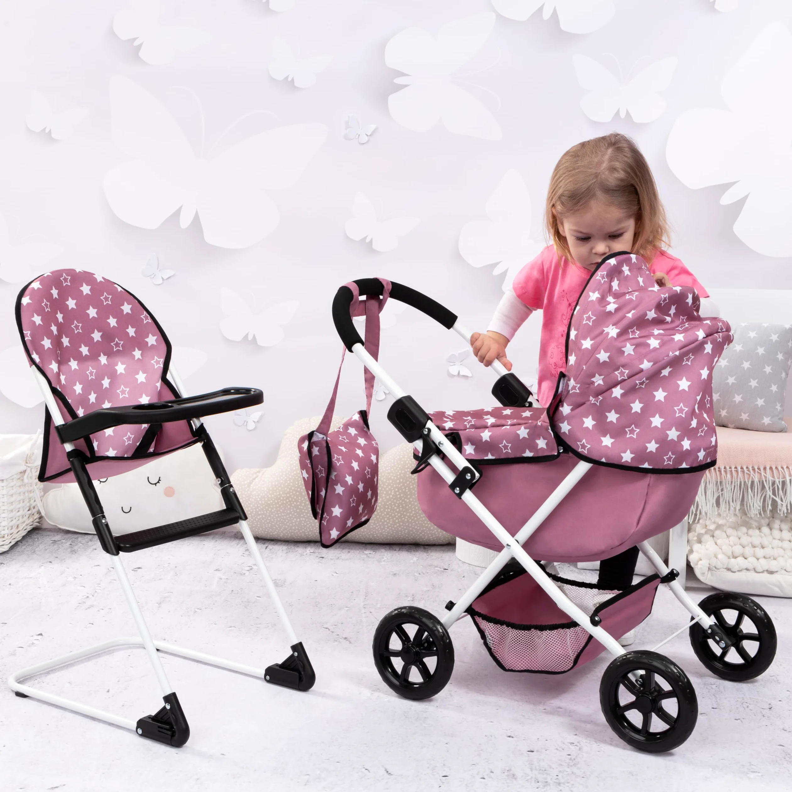 Bayer Design 13776AB Ensemble Poussette pour poupée, Pliable, poignée Douce, Chaise Haute, Sac, Nordique Rose | Landau pour poupées avec poignée souple, grandes roues, sac, panier intégré et chaise haute pour les jeux de rôle