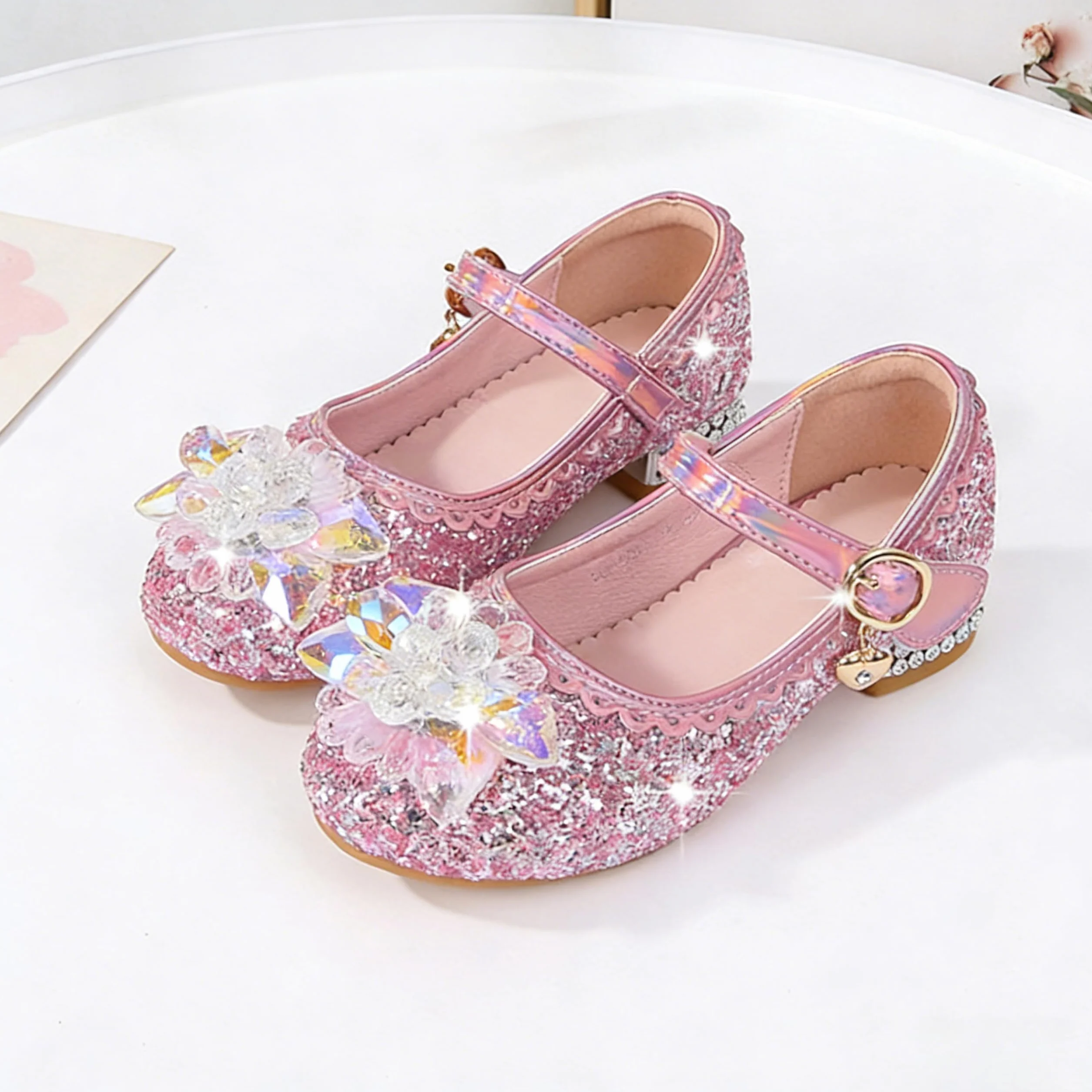 Chaussures de Princesse pour Fille Talon Haut Paillettes Antidérapant Sandales Mariage Rose 25 EU