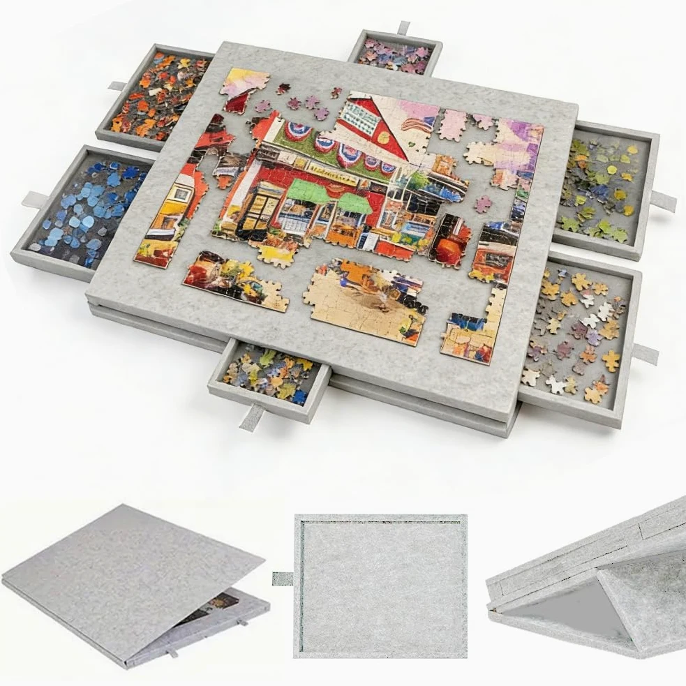 Table de puzzle inclinable pour 1000 pièces, en feutre léger avec 6 tiroirs de tri, portable, avec support et couvercle réglables, gris argenté