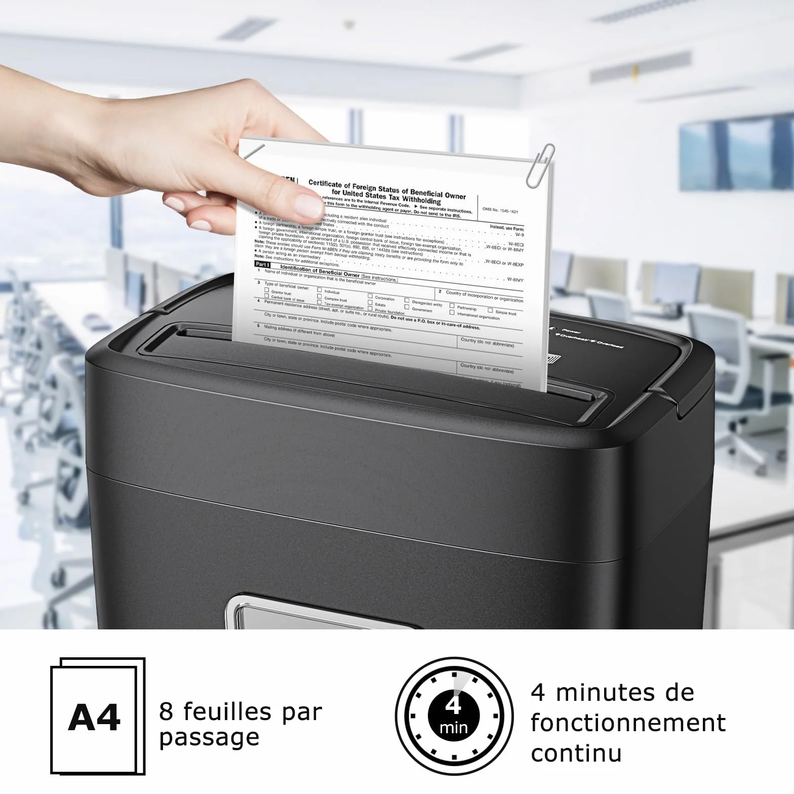 Bonsaii Destructeur de Documents 8 Feuilles, Broyeur Papier Sécurité P-4 Coupe Croisée, Corbeille 16L, Déchiqueteuse Électrique Compacte C261-C