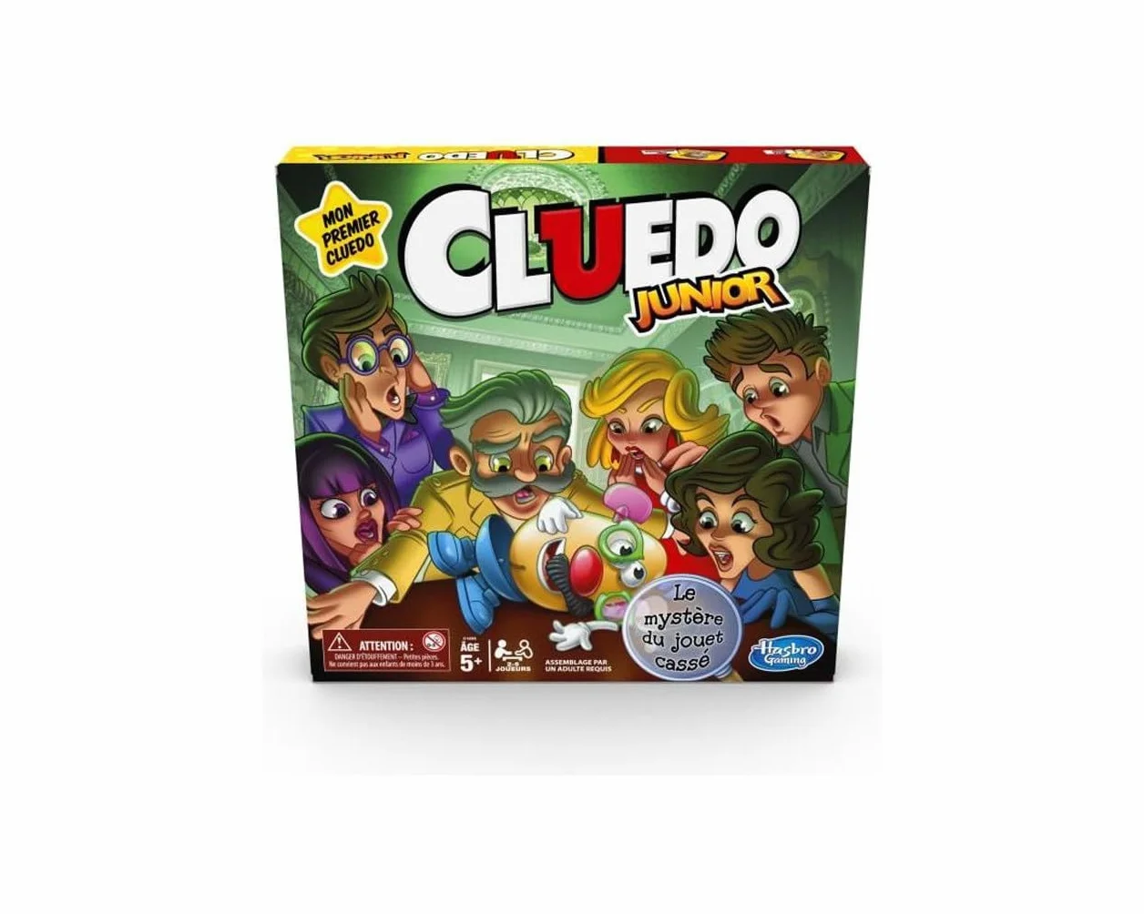Hasbro Gaming Cluedo Junior Jeu de Plateau Le mystère du Jouet cassé pour Enfants 5 Ans Blanc Jaune