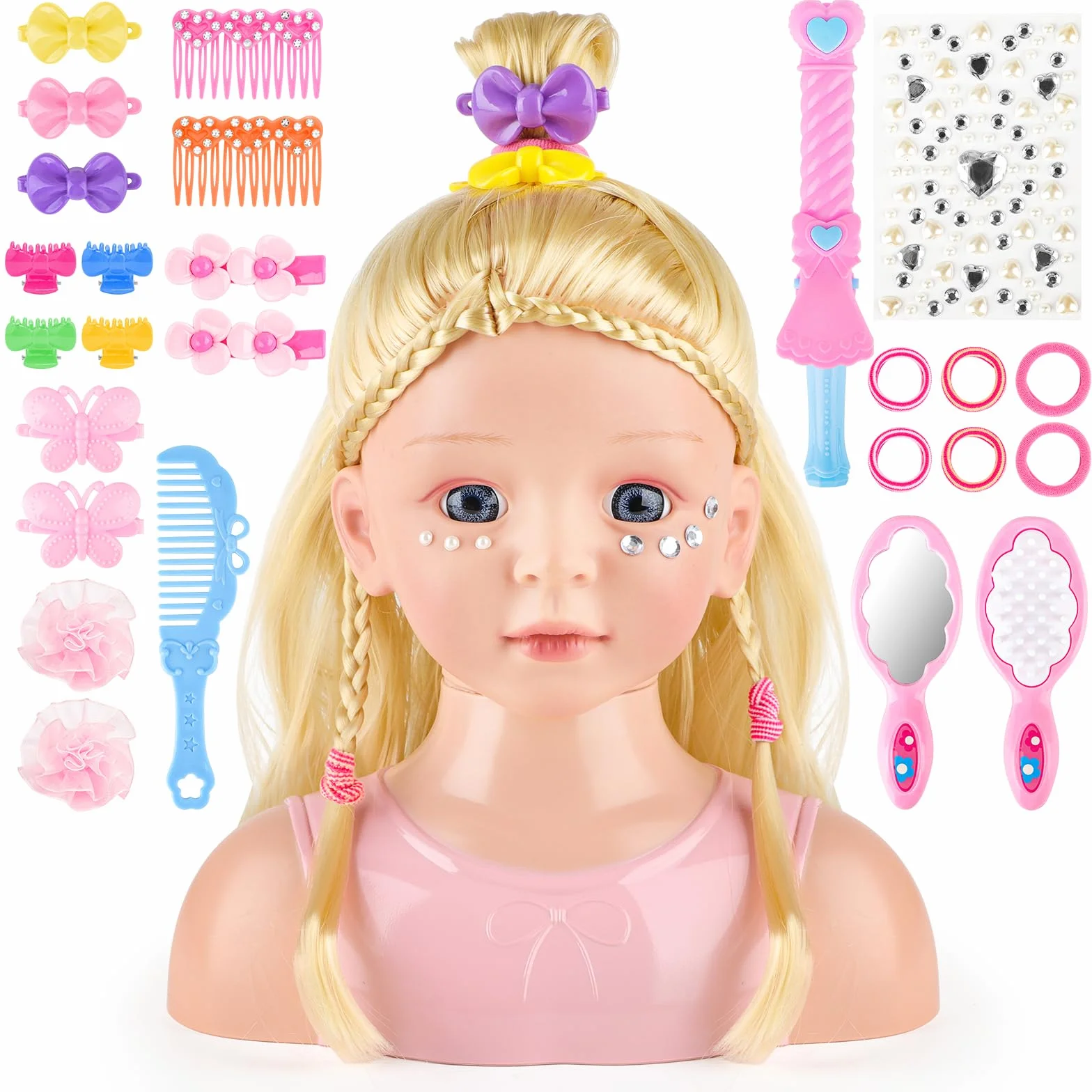 deAO Tête à Coiffer Enfant 27Pièces, Poupée Coiffure et Maquillage, Jouet Coiffure Créative pour Filles 3-10 Ans