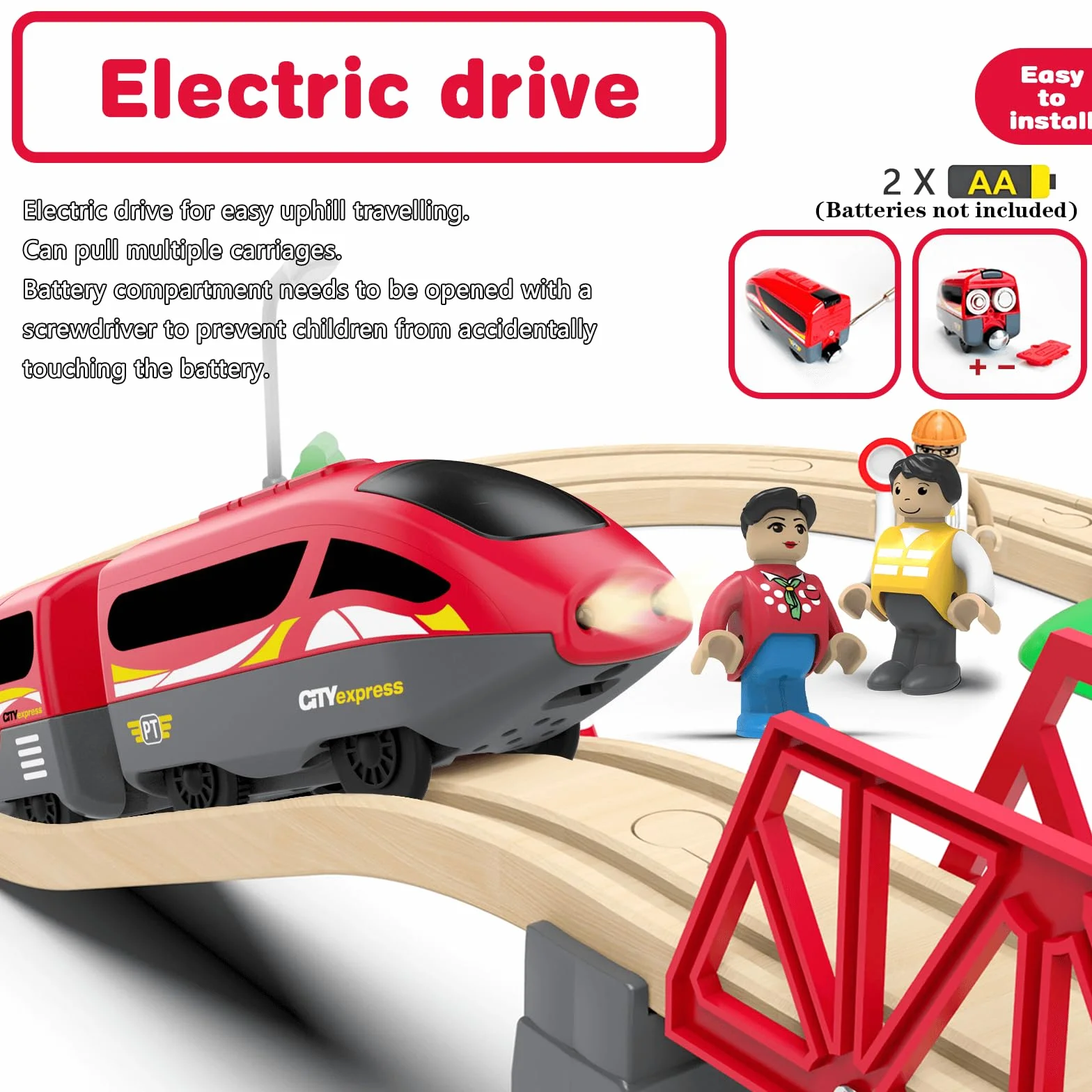 Train à Piles en Bois pour Chemin de Fer, Jouet Locomotive Son et Lumière, Véhicule Électrique Enfant 3-8 Ans Compatible Brio Thomas Rouge