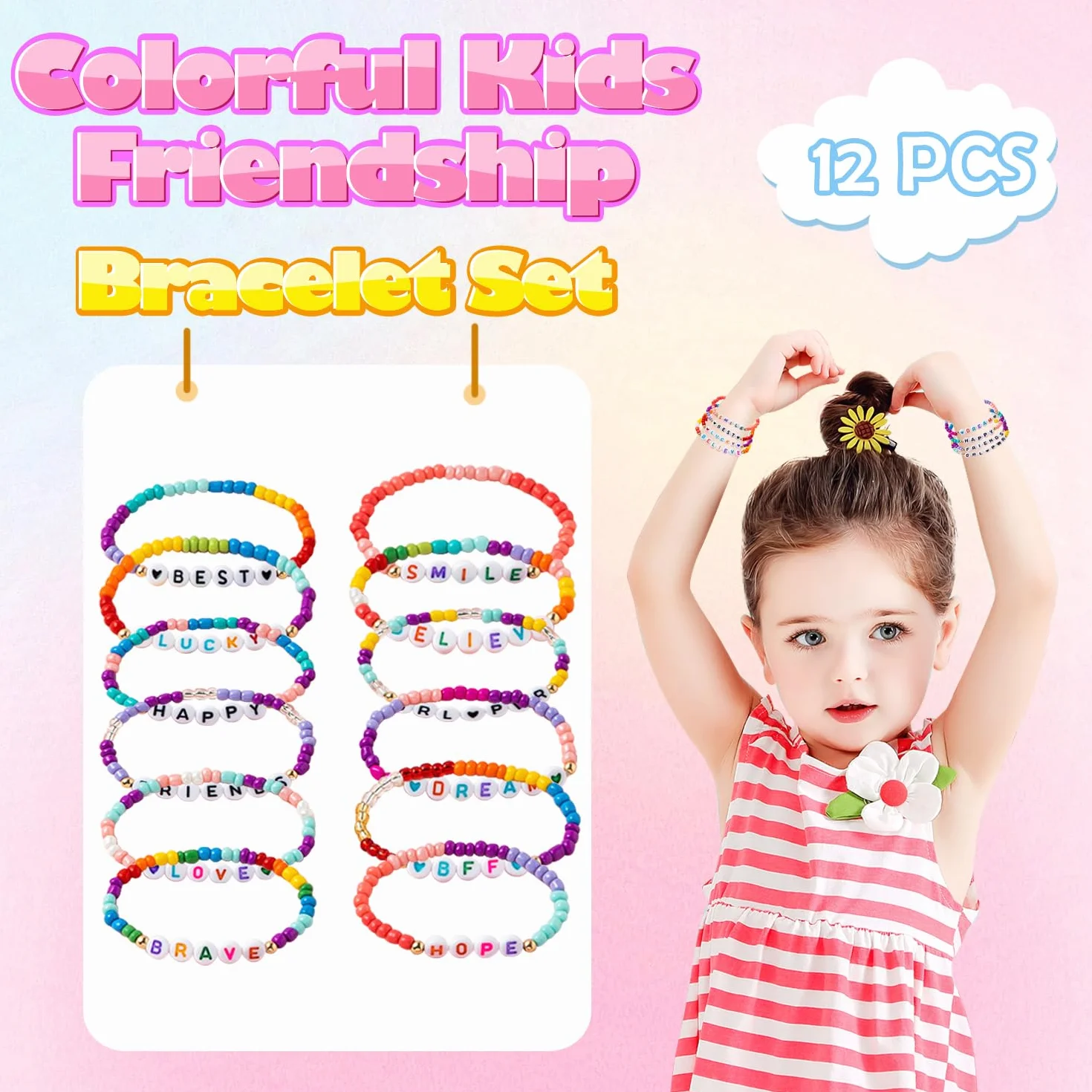 Bracelets Enfant Perles Princesse Élastiques Réglables Lot 12 Pcs Cadeau Anniversaire Filles