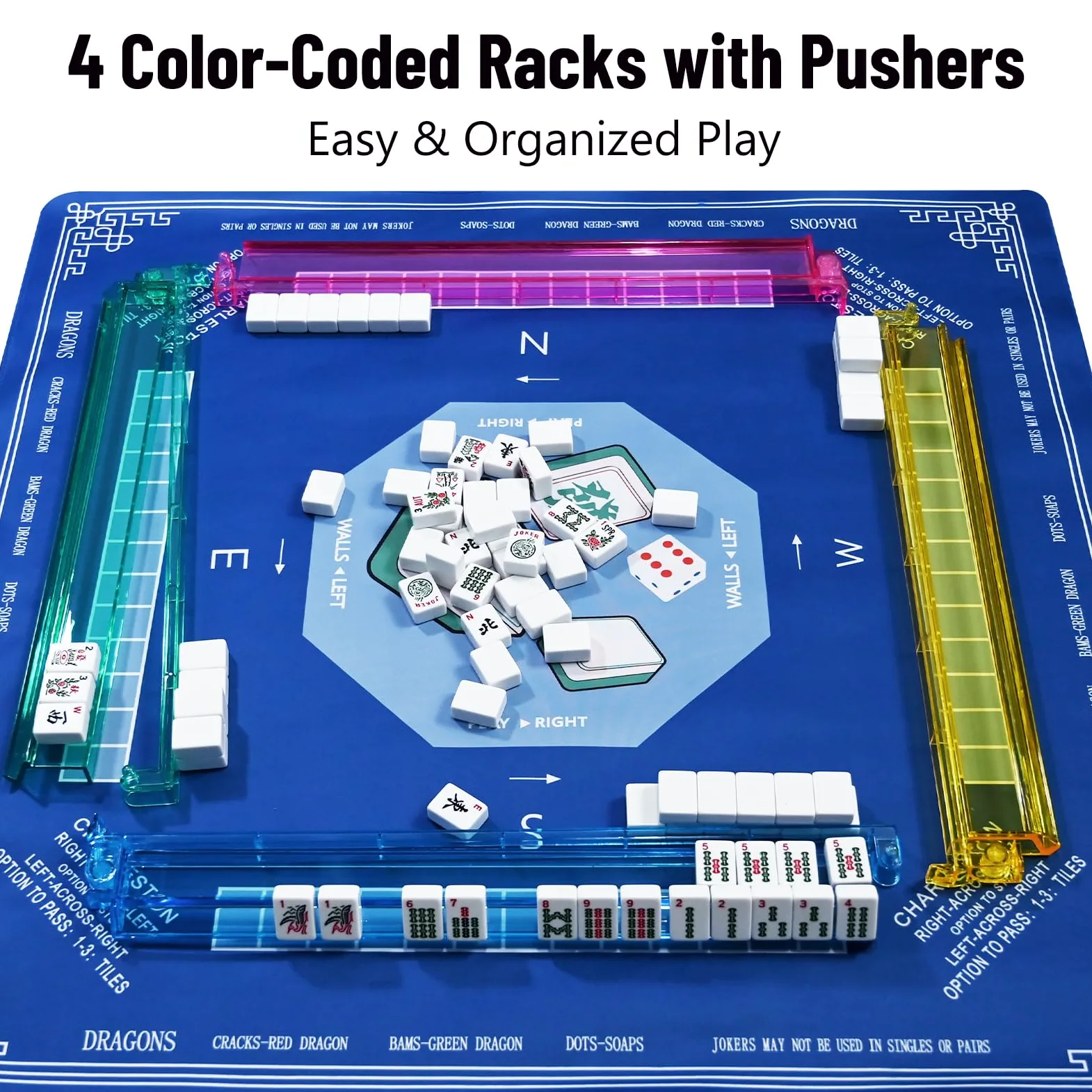 Goldge Ensemble de mahjong américain – 166 carreaux de mahjong blancs | 4 supports de couleur tout-en-un avec poussoirs, 3 dés, sac de transport bleu portable - Ensemble complet de jeu de Mahjong