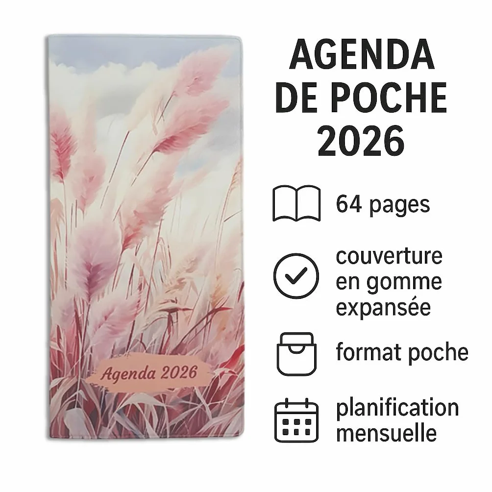 Agenda de Poche 2026 Format Compact 64 Pages Couverture en Gomme Expansée Fabrication Française Décor Pampa