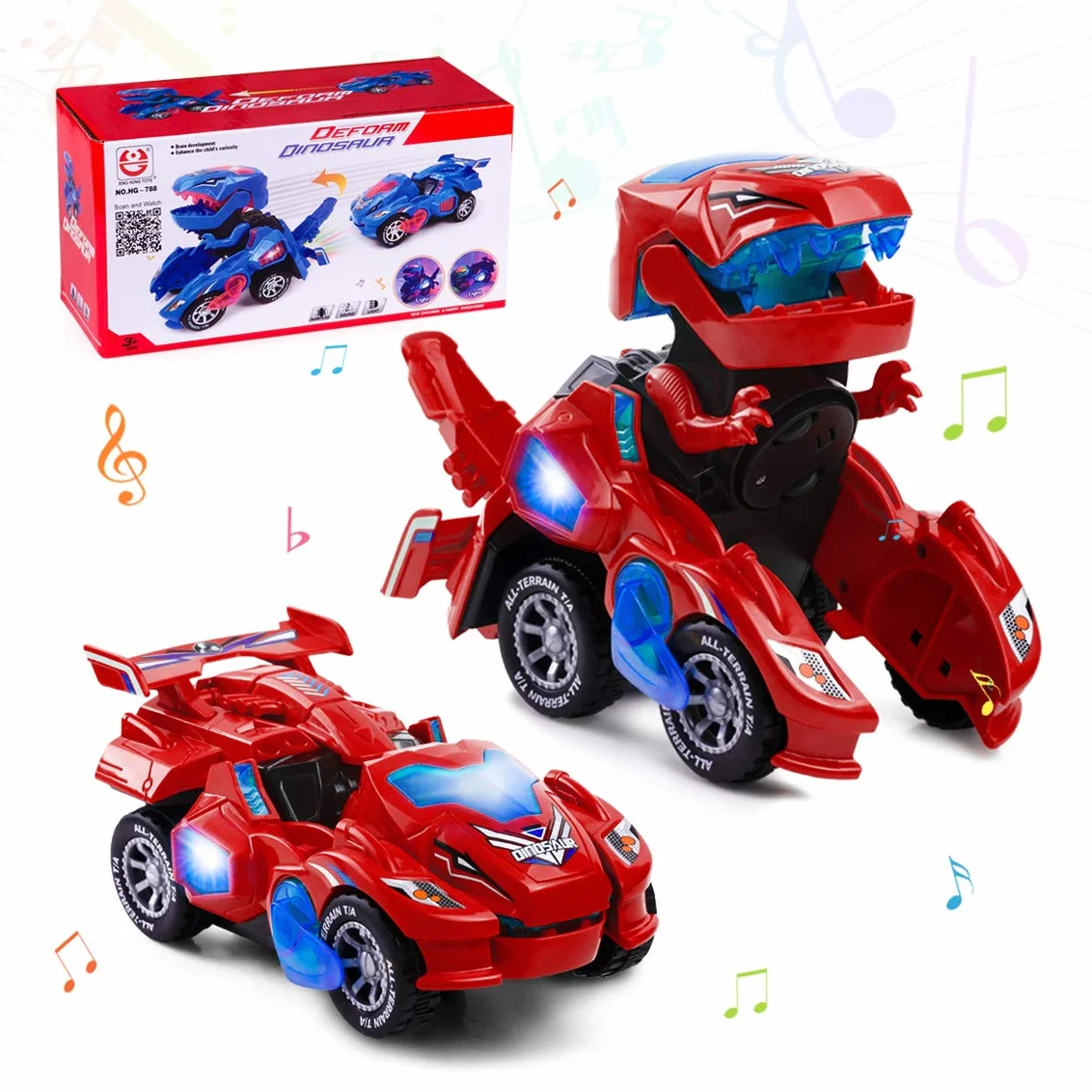 Highttoy Voiture Dinosaure Transformable Enfant, Jouet Transformateur Dinosaure Electrique avec Lumières et Musique, Cadeau 3-6 Ans Garçon Fille, Rouge