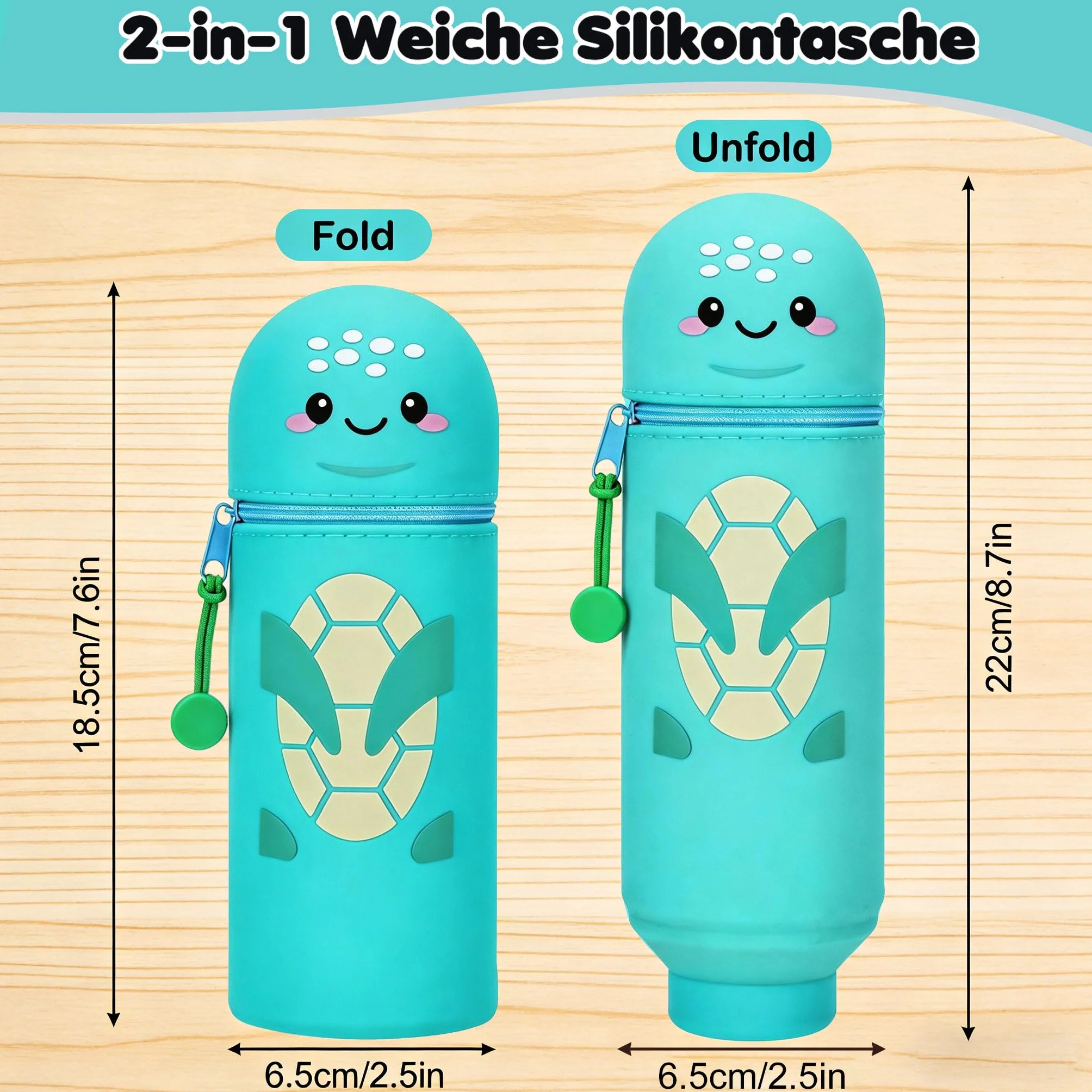 Kawaii Trousse 2 en 1 silicone souple - Porte-crayons de table, fermeture éclair, H 18,5 cm