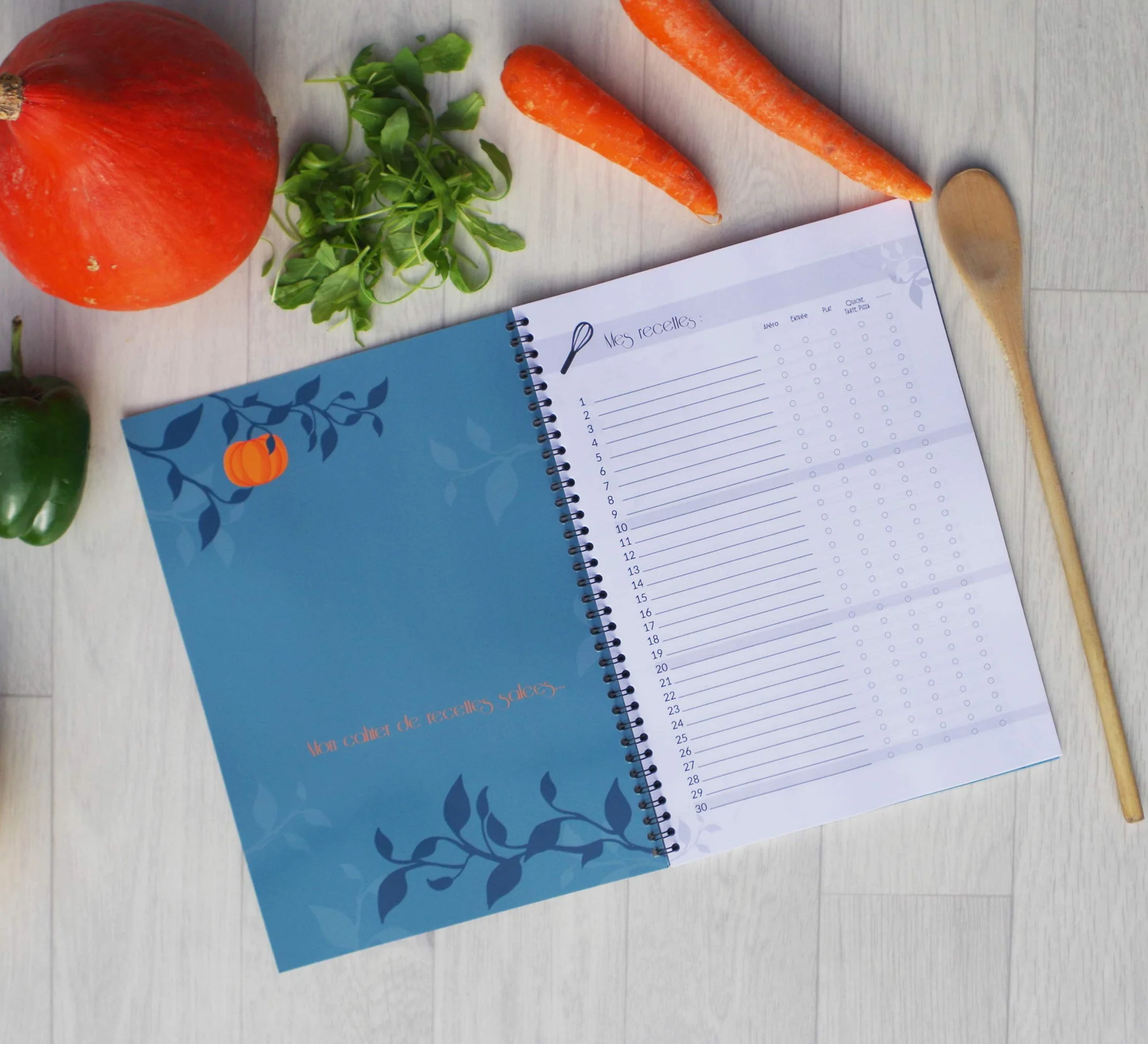 Cahier de Recettes Salées et Sucrées A4 Spirale, 60 Fiches Vierges