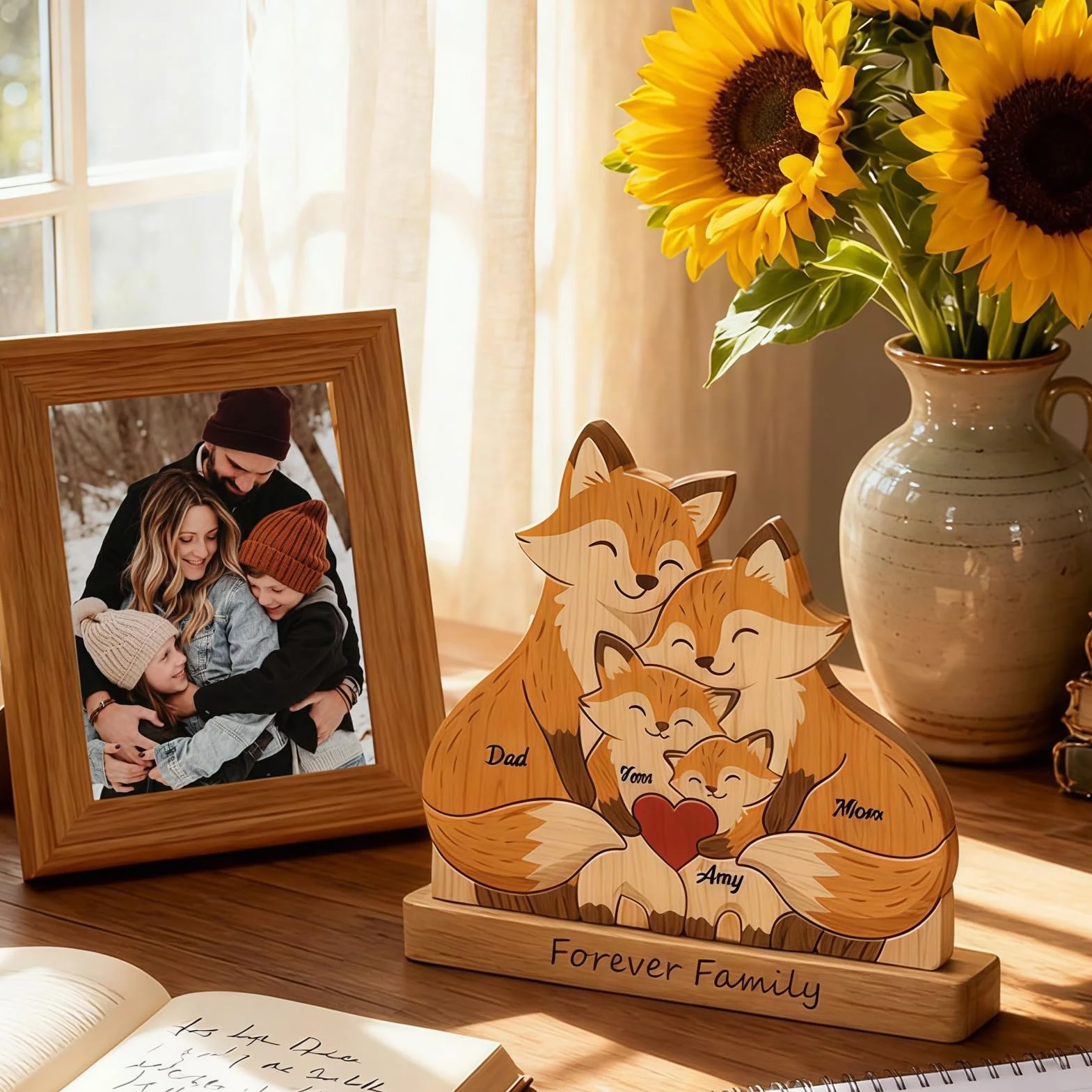 Drawelry Puzzle en Bois Personnalisé Famille avec Figurine Animale Gravée, Décoration Maison Cadeau pour Maman Papa Enfant Renard-A