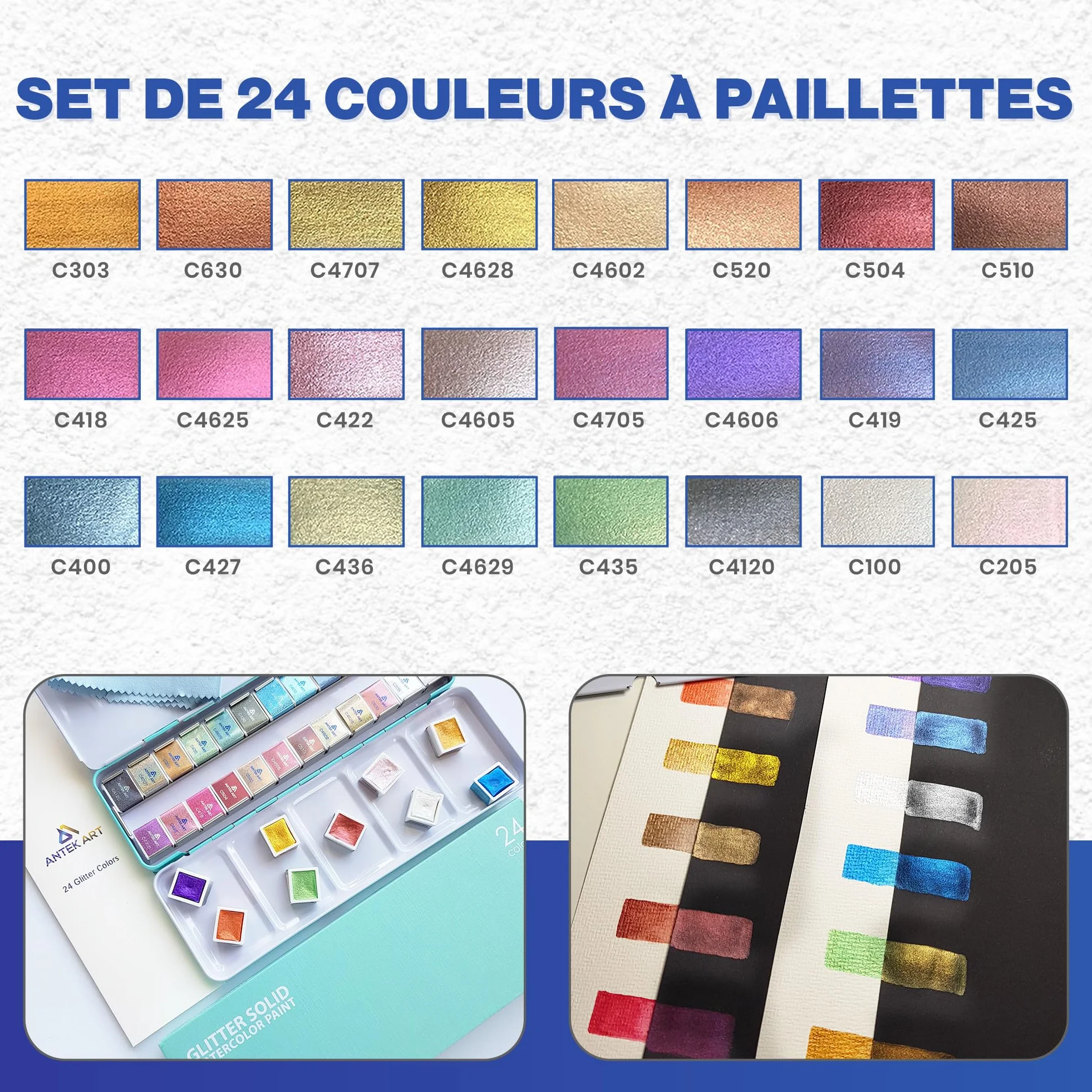 Set de Peinture Aquarelle Métallique, 24 Couleurs dans Mallette Portable avec Palette
