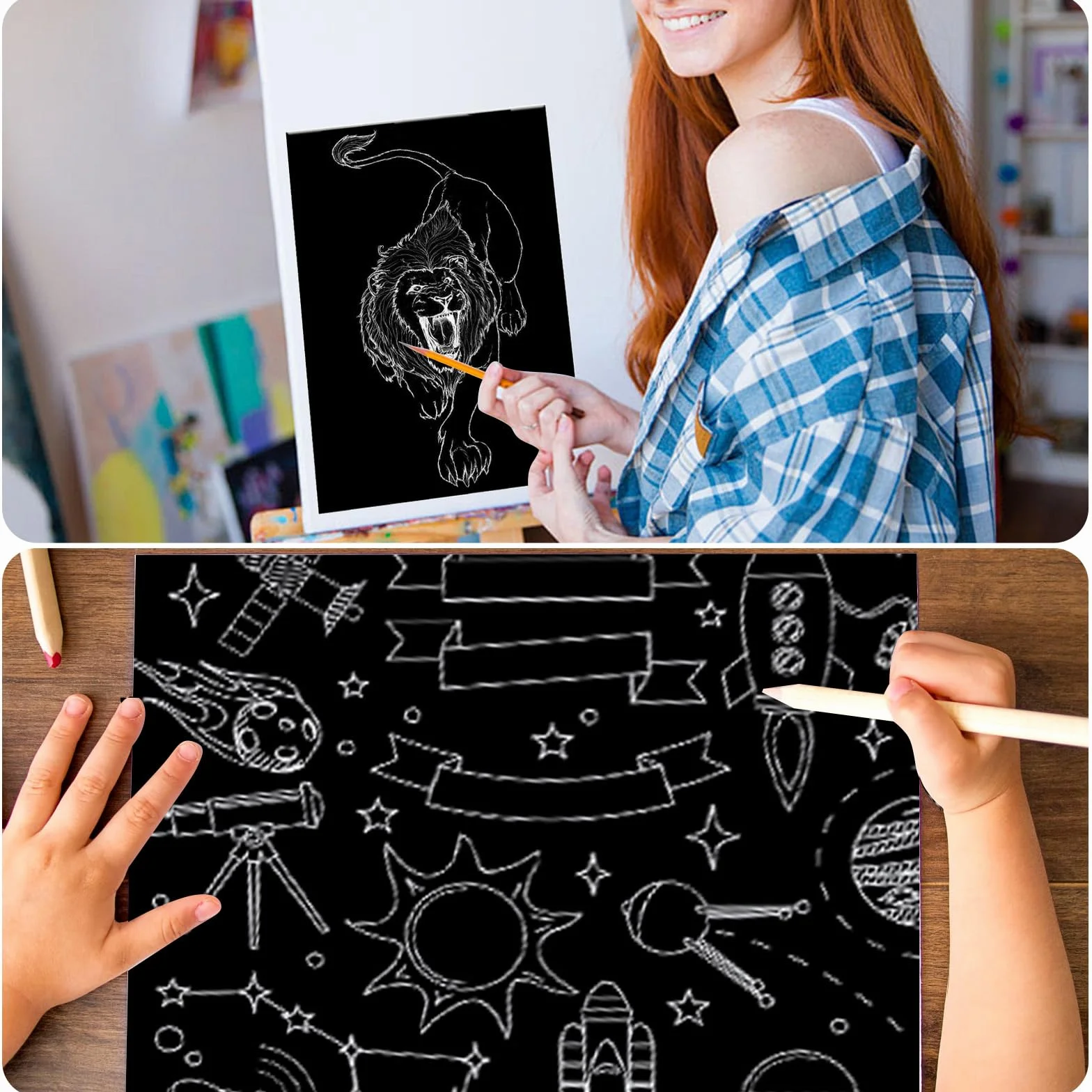 Lot de 30 papiers à gratter noirs avec stylet en bois pour adultes, fournitures artisanales