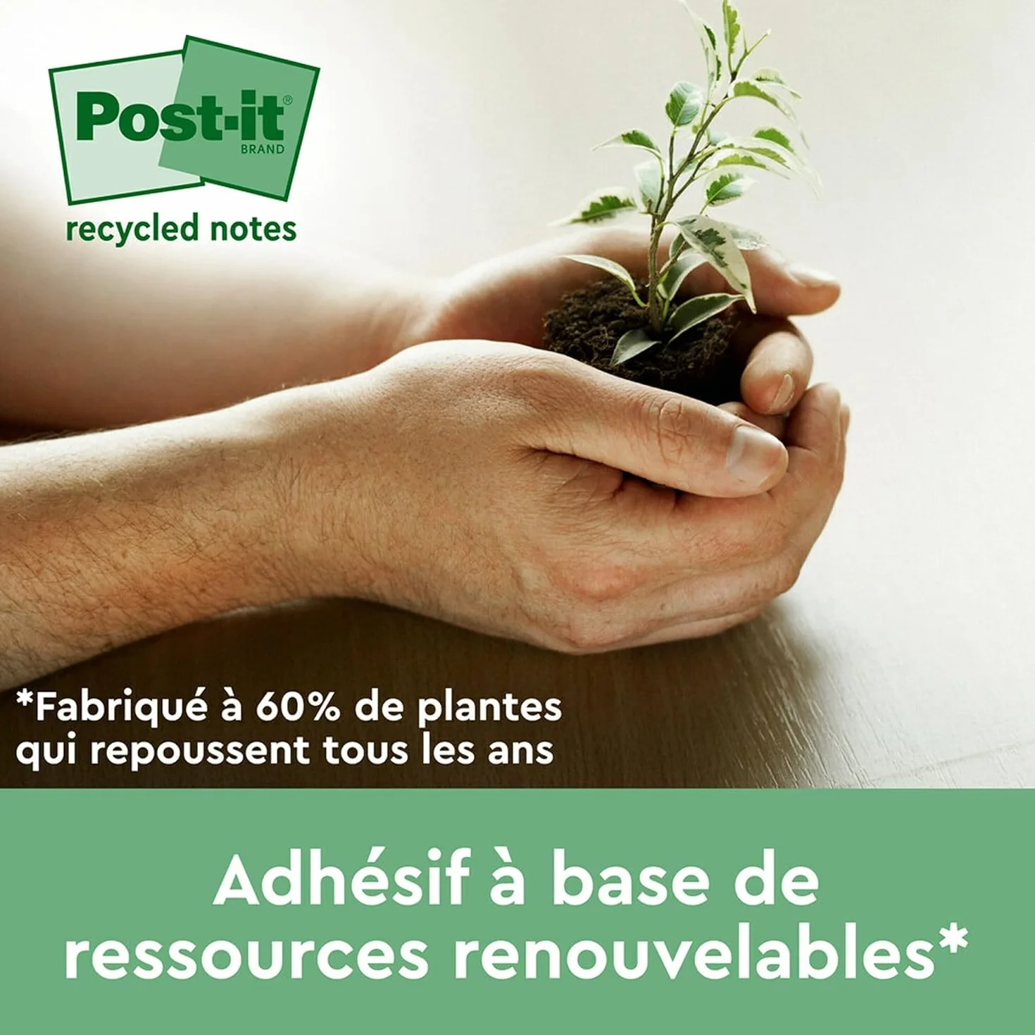 Post-it Notes Autocollantes Super Sticky Recyclés 12 Blocs 70 Feuilles 47.6 mm x 47.6 mm Papier 100% Recyclé