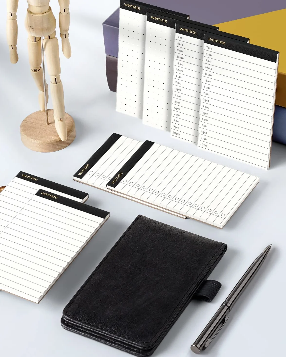 WEMATE 10 pièces Cuir PU Carnet de Poche Bloc Note avec recharges et stylo bille métal Noir