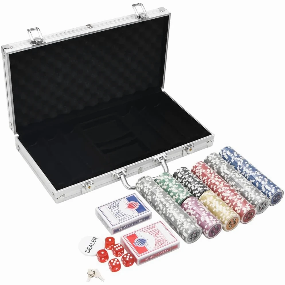 Jeu de jetons de poker dans une mallette en aluminium, 300 jetons de 11,5 g, 2 decks, 5 dés, bouton dealer et accessoires pour casino, tournoi, Texas Holdem, Blackjack et soirée de poker