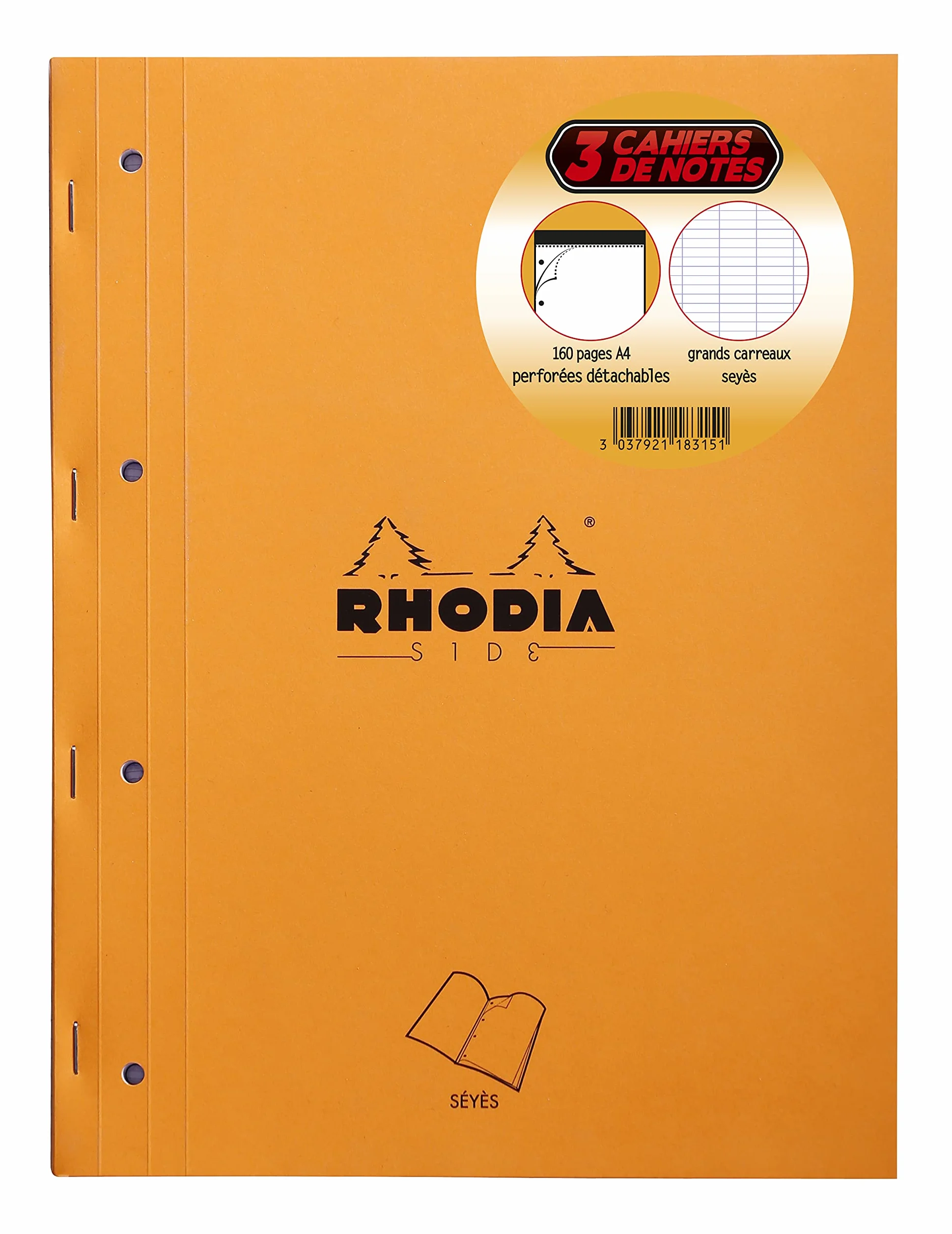 Rhodia Bloc-Notes Agrafés A4 Grands Carreaux Seyès 80 Feuilles Détachables Papier Clairefontaine 80 g/m² Lot de 3