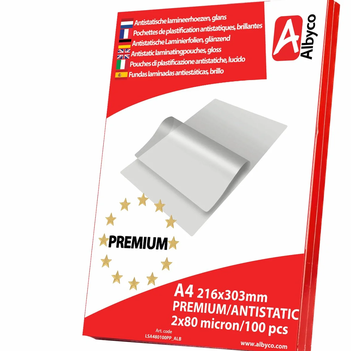Pochettes de Plastification Premium ANTISTATIQUE A4 216x303mm 2x80 Microns Brillant Paquet de 100 Pièces