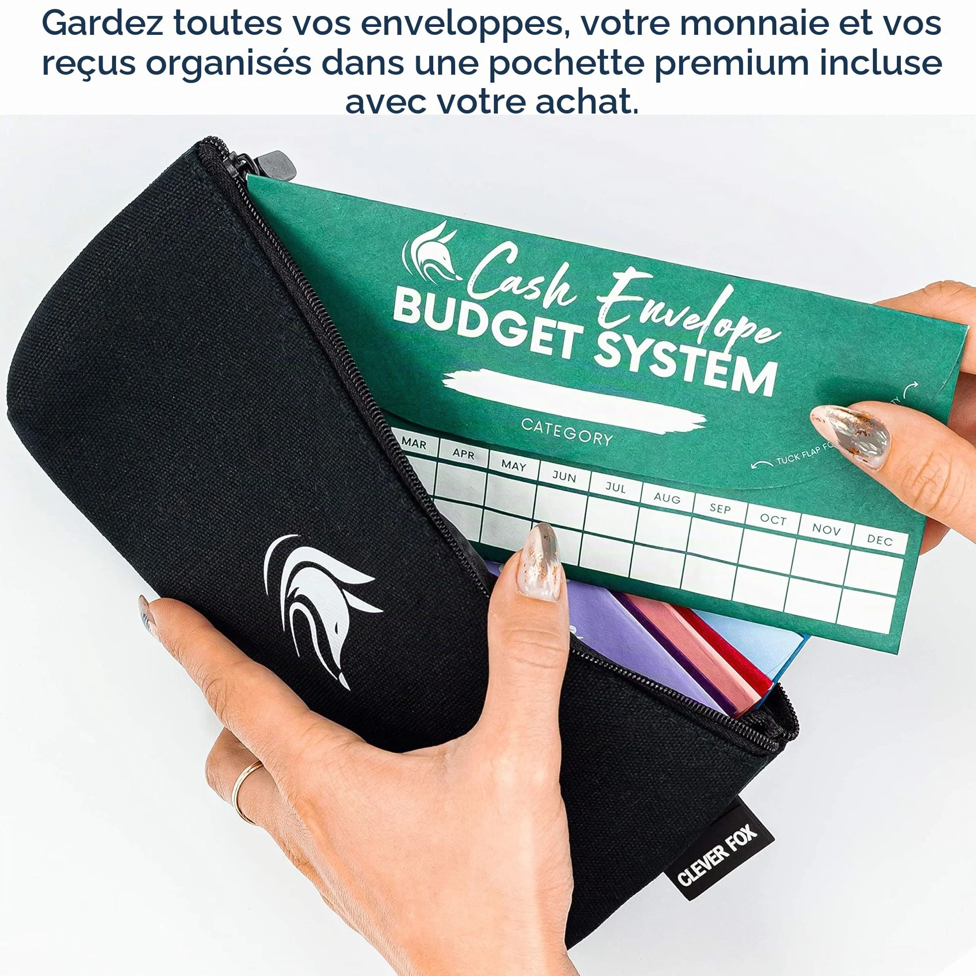 Clever Fox Enveloppes de Caisse Système Budgétaire, 12 Couleurs, Résistant à la Déchirure et à l'Eau, Pochette de Transport 12 Feuilles de Budget Suivi Dépenses