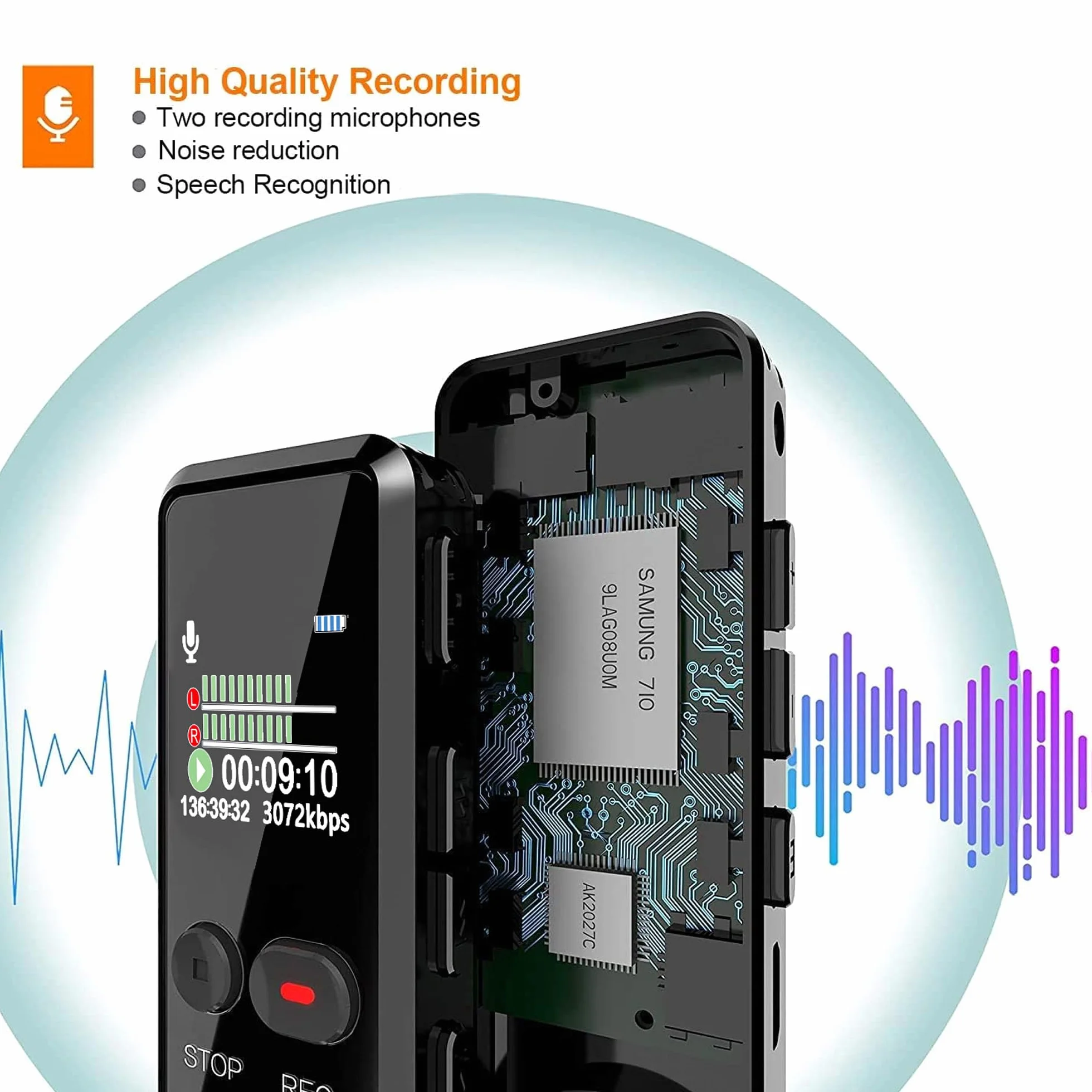 Enregistreur Vocal Numérique 8G, Dictaphone Audio 1536Kbps HD Activation Vocale Lecteur MP3 USB