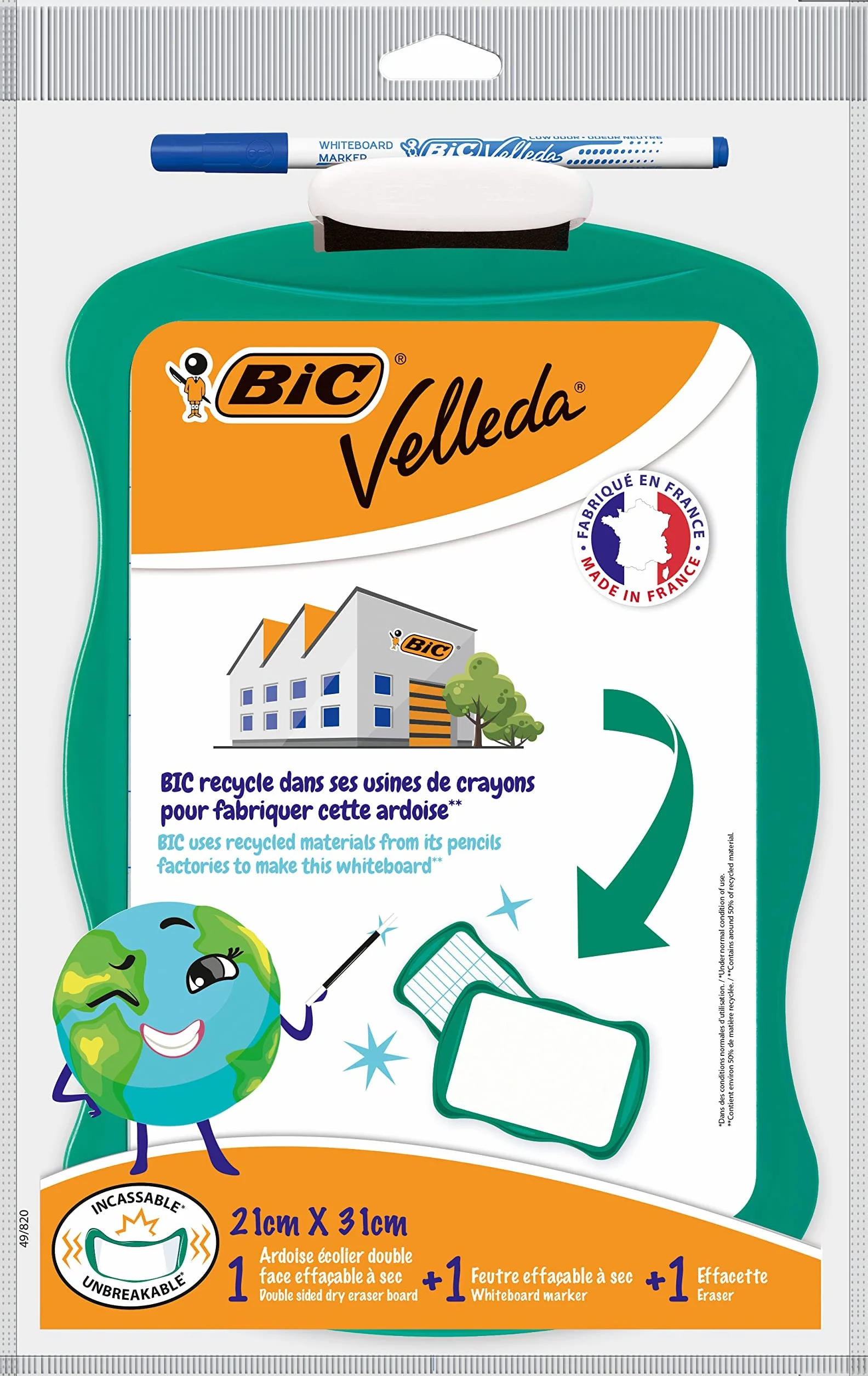 BIC Velleda Ardoise Ecolier Double Face 21x31 cm Effaçable à Sec avec Feutre Bleu et Effacette - Verte