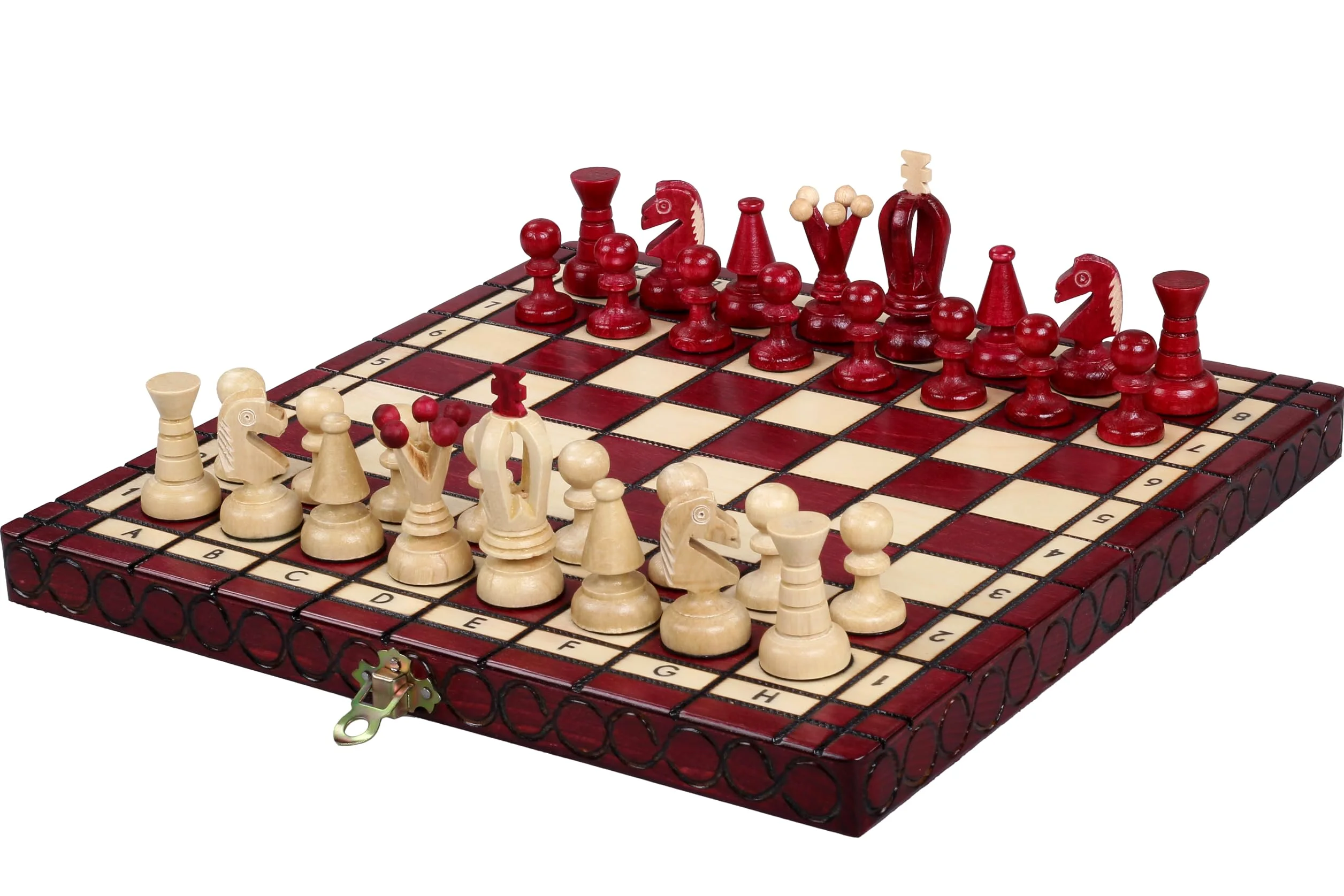 Sunrise Chess & Games Échecs royaux compacts en bois, 30 cm, rouge cerise | Planche pliante de 30 cm, format compact, compartiment intérieur pour figurines, version cerise, poids 0,6 kg