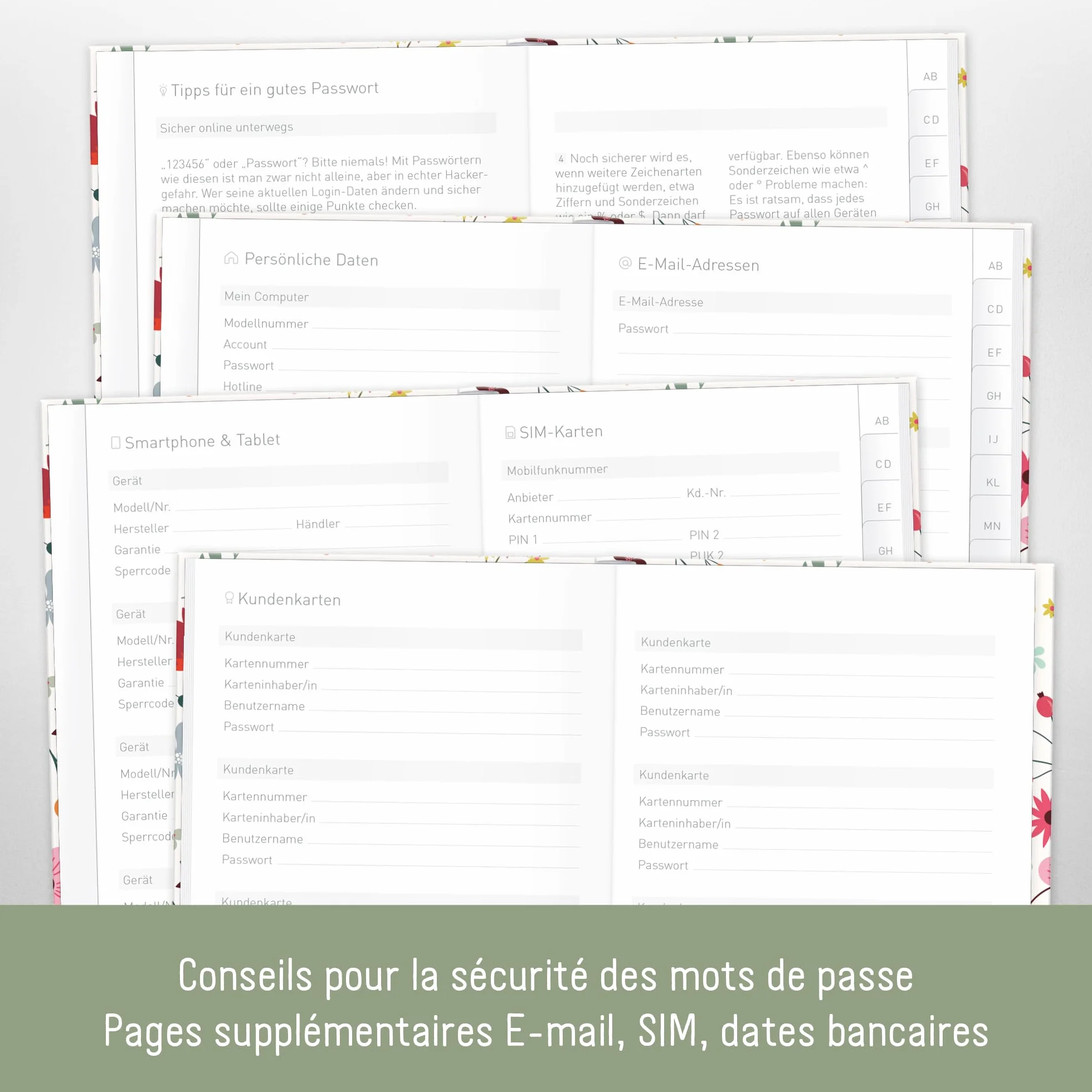 Livre de mots de passe A6+ Fleur sauvage avec onglet A-Z, gestionnaire de mots de passe durable