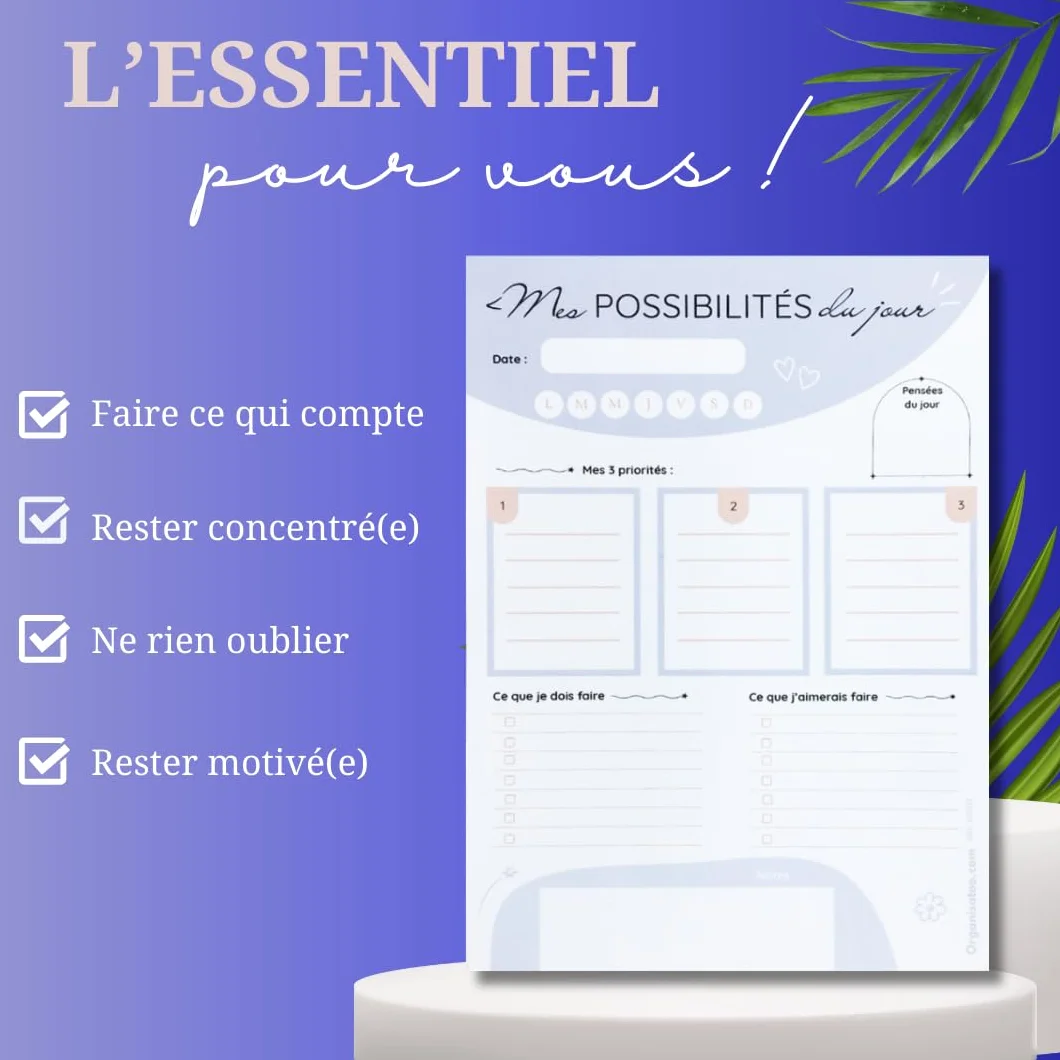 Bloc-notes développement personnel A5 50 pages détachables planning du jour français
