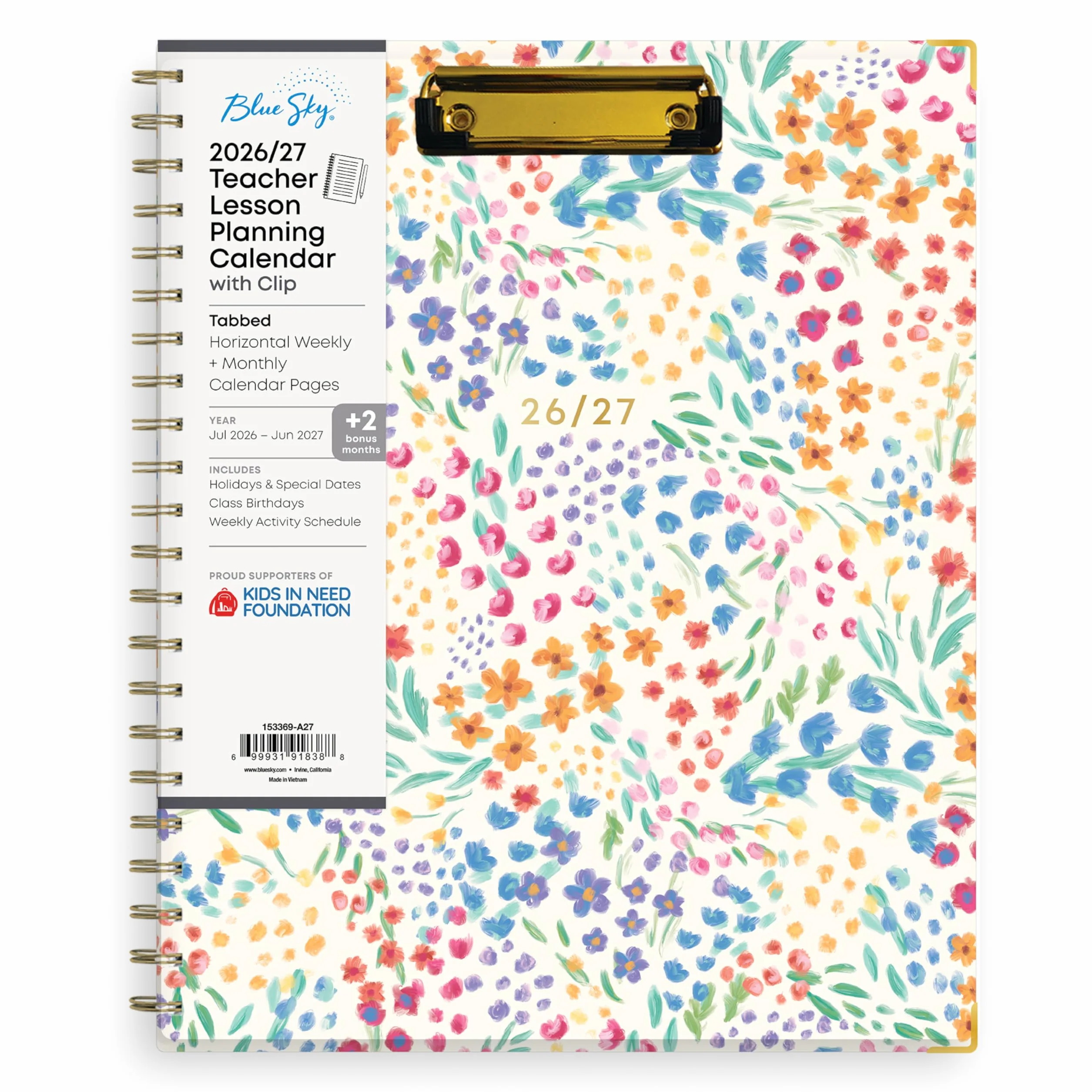 Blue Sky Calendrier hebdomadaire et mensuel 2026-2027 avec presse-papiers, 21,6 x 27,9 cm, couverture rigide