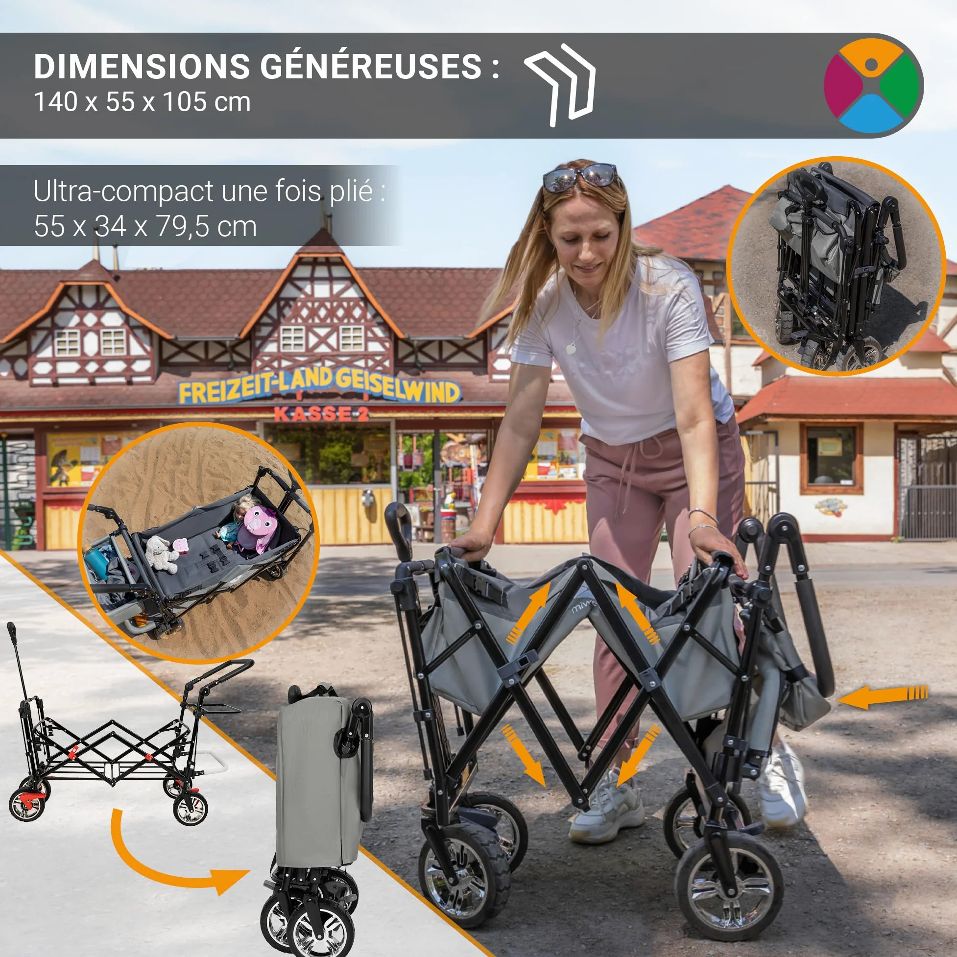 Miweba Chariot pour Enfants MB-20 - Chariot Pliable - Système de Harnais à 2X 3 Points - Frein de Stationnement - Roues en Caoutchouc Dur - Pare-Soleil avec Protection UV (Gris)