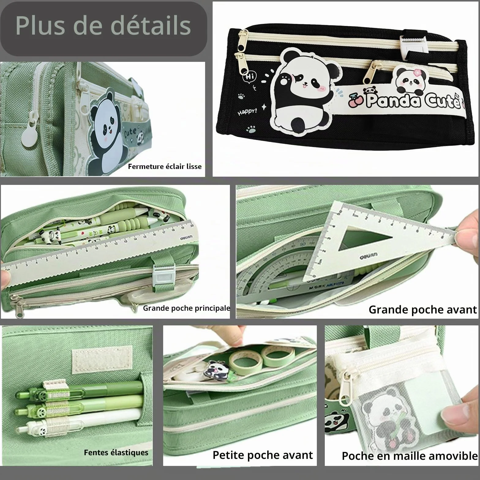 Trousse Scolaire Panda Kawaii Grande Capacité Plusieurs Compartiments Noir