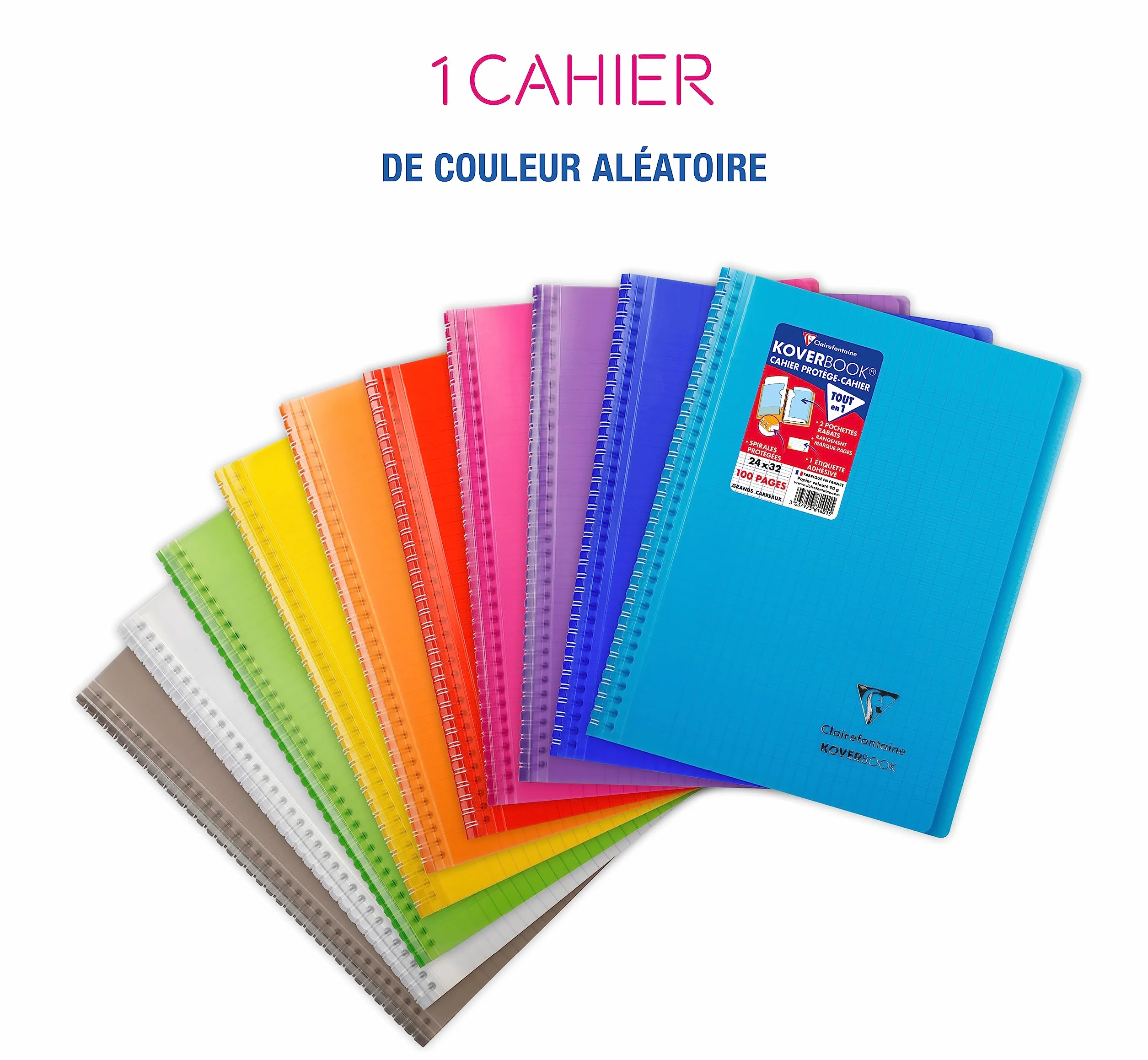 Clairefontaine Koverbook Cahier à Spirale 24x32 cm 100 Pages Grands Carreaux Papier Blanc 90 g