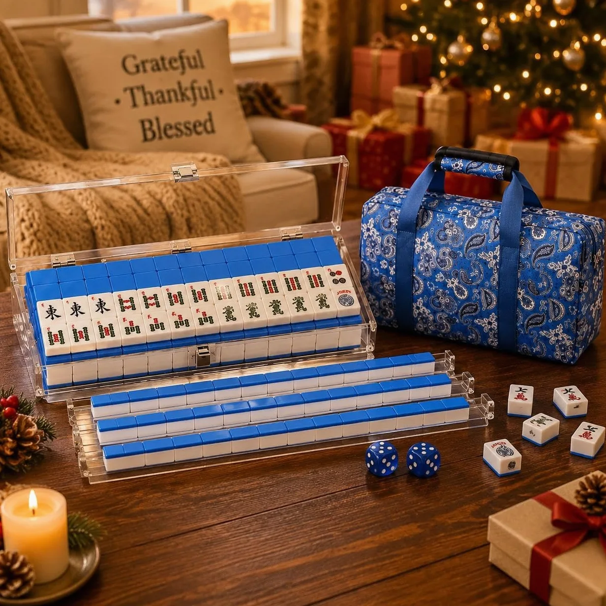 Ensemble Mahjong américain 166 pièces avec Accessoires complets | Ensemble mahjong américain 166 tuiles mélaminées, supports acryliques, étui, sac ; tapis optionnel pour jeux familiaux
