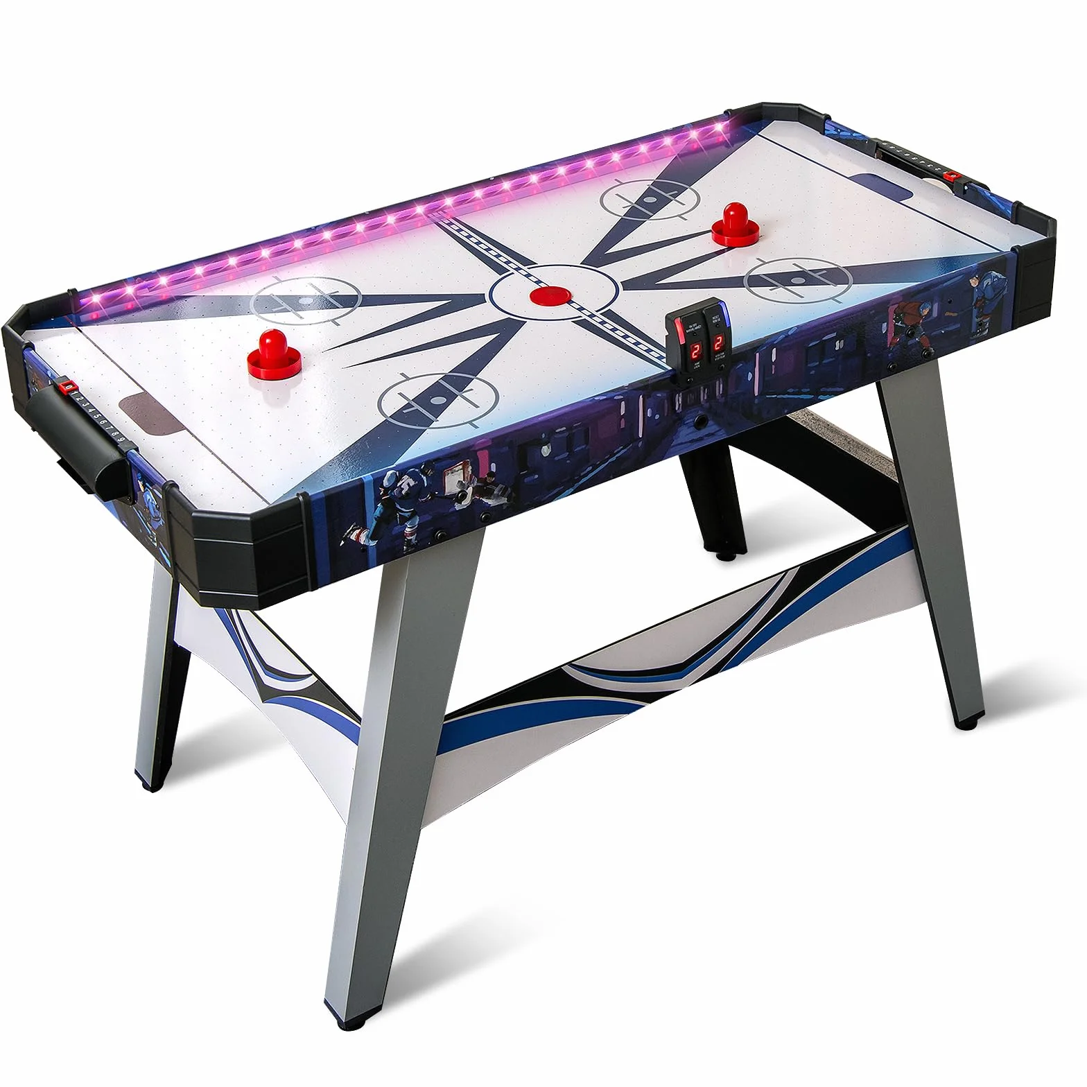 COSTWAY Table de Hockey à Air avec Marqueur Électronique LED & Ventilateur 12V, Table de Jeu d'Arcade avec Bande Lumineuse & Coussinets de Pieds Réglables, Air Hockey pour Adultes Enfants