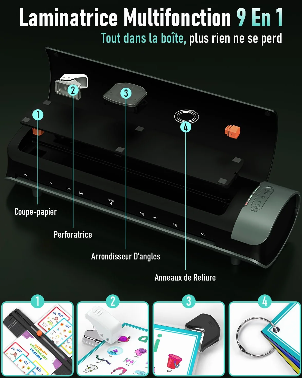 Plastifieuse A3 9 en 1 Chauffage Rapide Machine à Plastifier Thermique et Froid avec 30 Pochettes A3 A4 A5 A6 Papier Massicot Arrondisseur