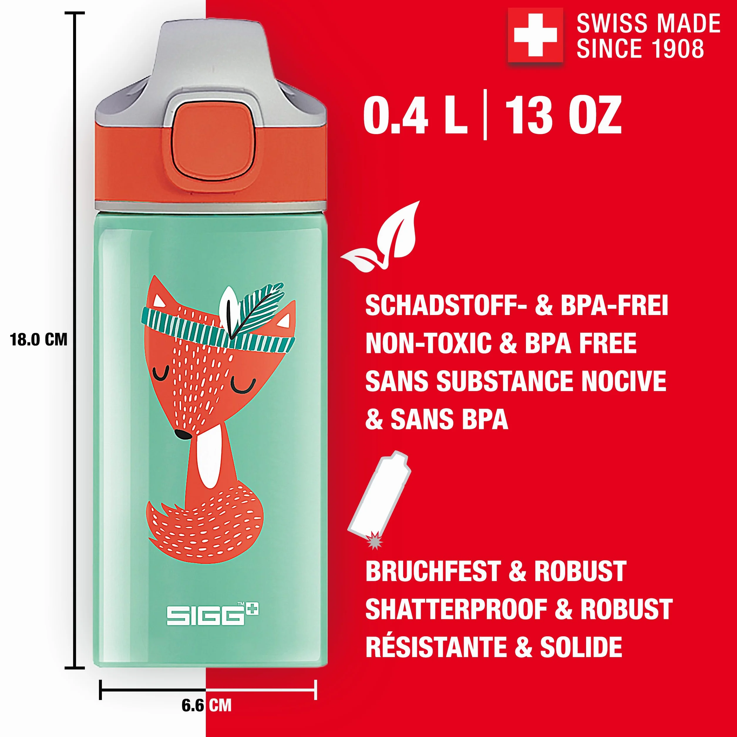 Sigg Gourde Enfant Aluminium Paille 0,4L Étanche Sans BPA Vert Motif Renard Indien
