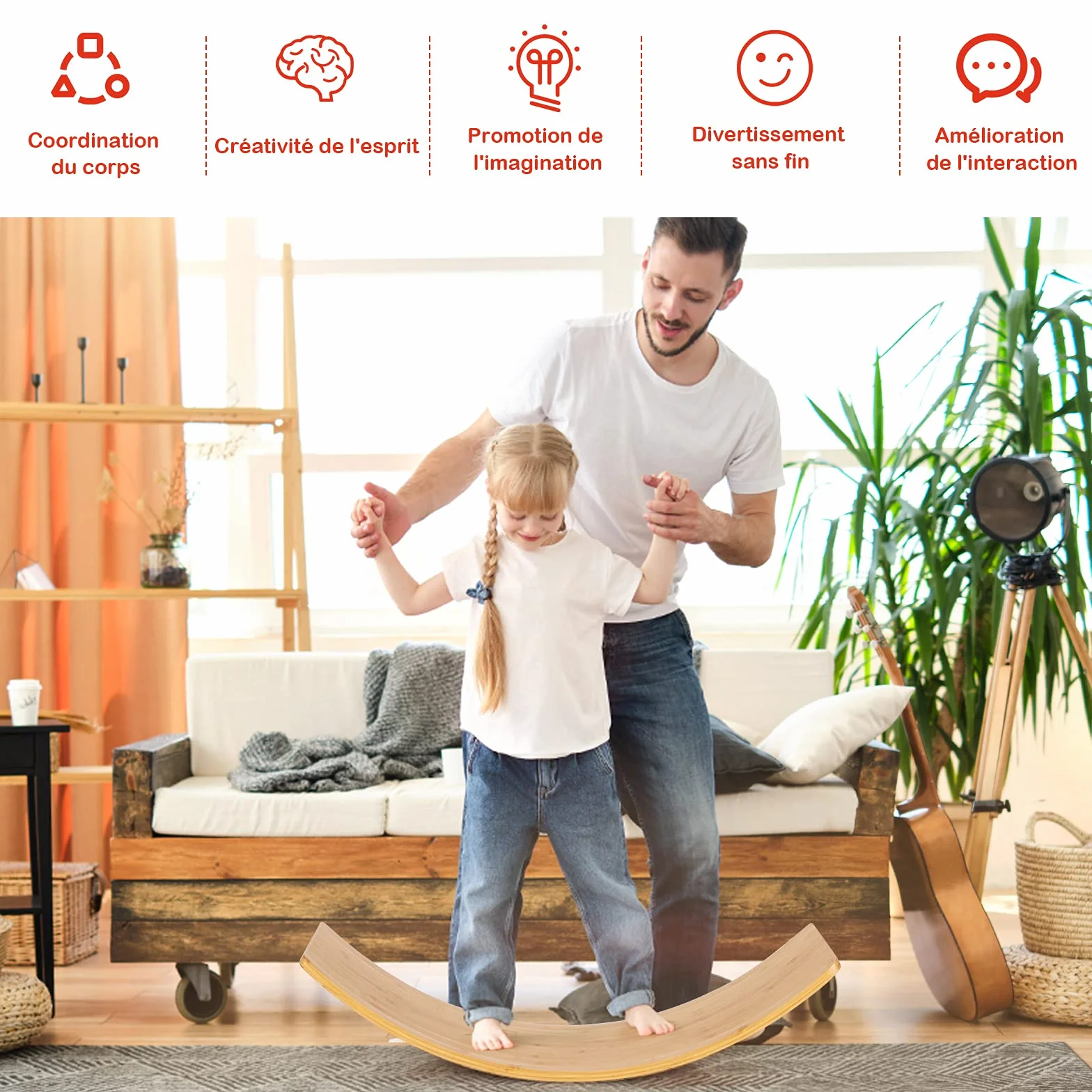 COSTWAY 6 en 1 Planche d'Équilibre Enfant en Bois, Balance Board Incurvé, Charge 150kg, 90,5 x 29,5cm