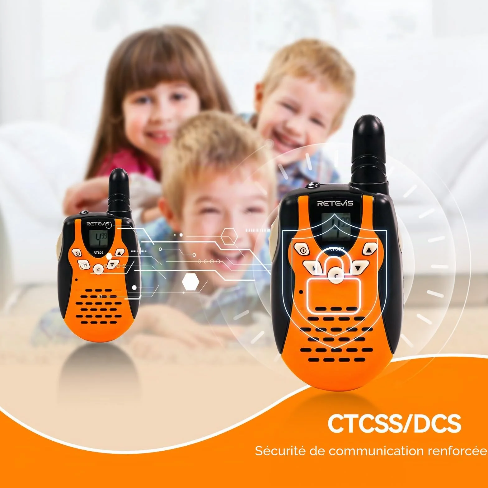 Retevis RT602 Talkie Walkie Enfant Rechargeable avec Base de Chargement et Batterie Li-Ion, Lampe Poche, Cadeau Camping Aventure (1 Paire, Orange)