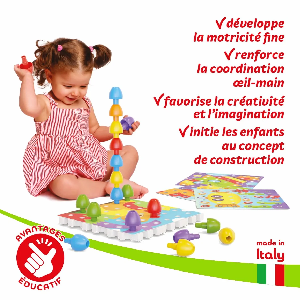 Quercetti Jumbo Peggy 45 pcs Jeux de Construction Mosaique Enfant 2 Ans + Motricité Fine Made in Italy