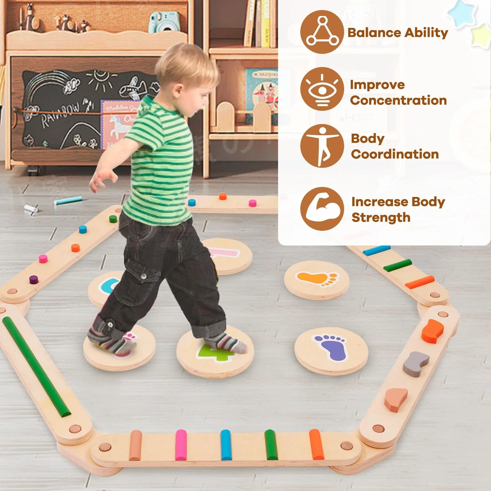 Poutre d'équilibre en bois pour enfants avec 6 pierres d'équilibre, jouets Montessori d'entraînement à l'équilibre
