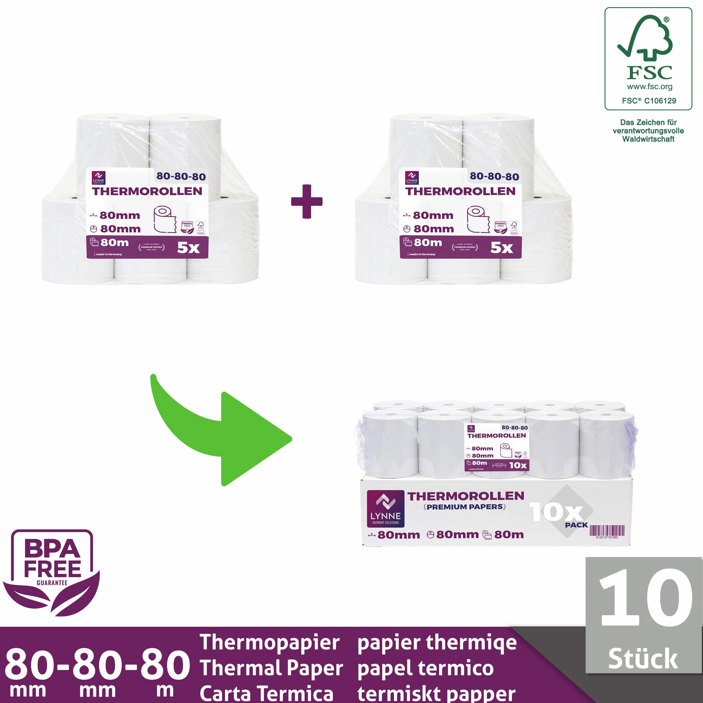 Rouleau Thermique 80x80x12 Bobine 80x80 pour Imprimante Thermique 80mm x 80m x 12mm Sans BPA 10x