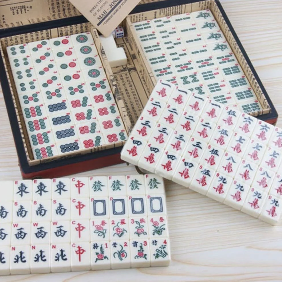 Jeu de pour mahjong Chinois 144 Tuiles avec Étui en pour bois | 144 tuiles complètes, 2 dés inclus, instructions anglaises, règles chinoises, jeu familial(without handle)