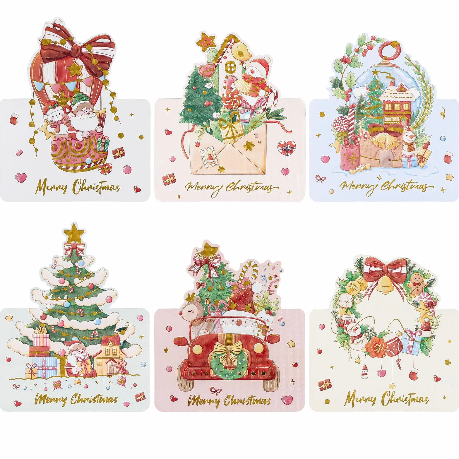Cartes Joyeux Noel Dorée 6 Motifs Carte Postale Pliées 12PCS Cadeaux de Noël