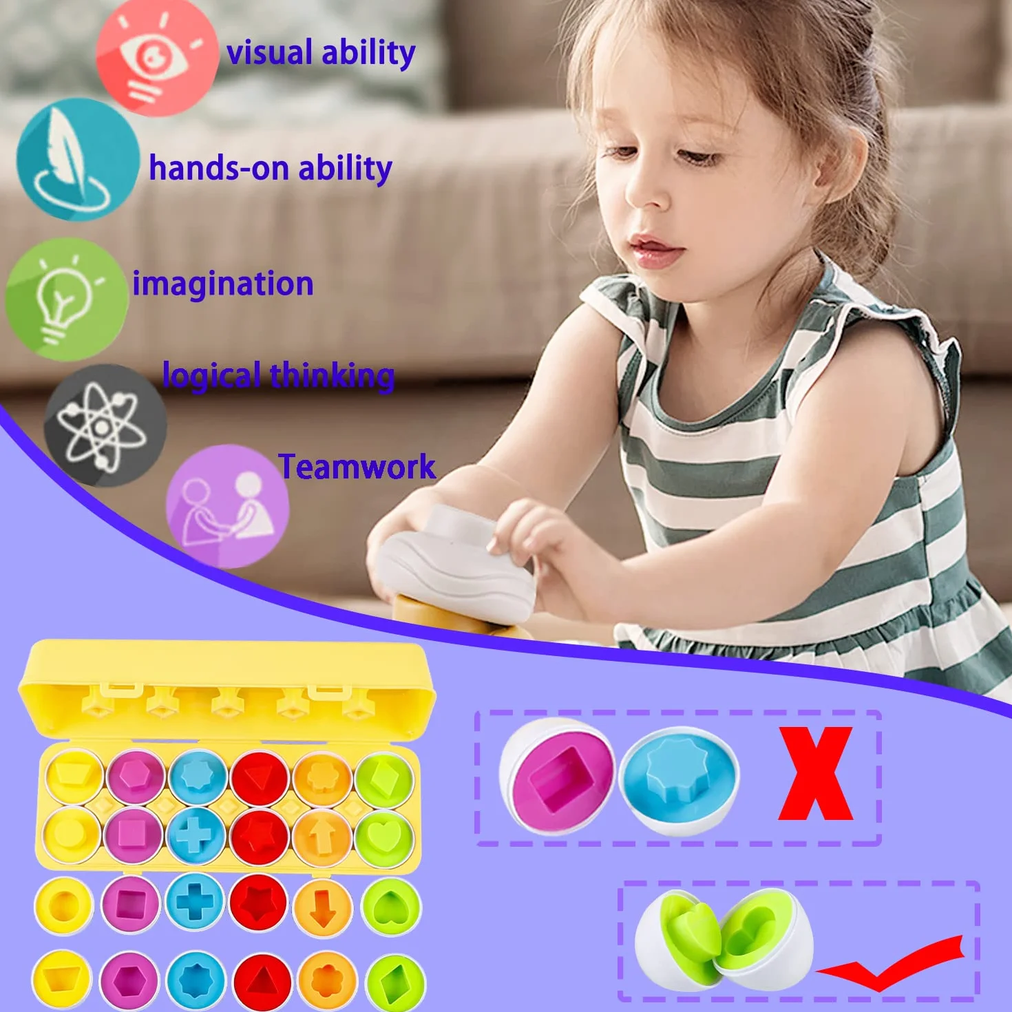 Jouets D'oeufs Correspondant Puzzle Montessori Oeufs Éducatifs Géométrique, Enfants Enseignement Précoce Reconnaître Les Formes de Couleur Patchwork, 2 Ans Boîte à œufs