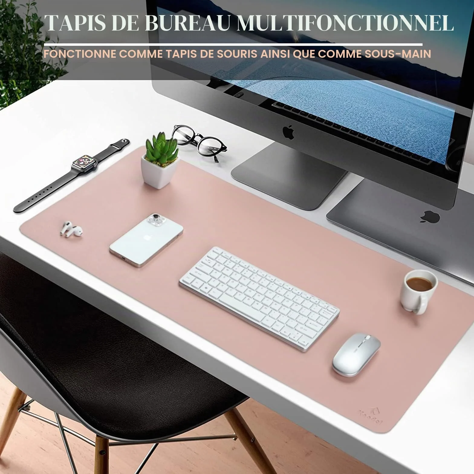 KNODEL Tapis de Bureau 40cm x 80cm Double Face Rose