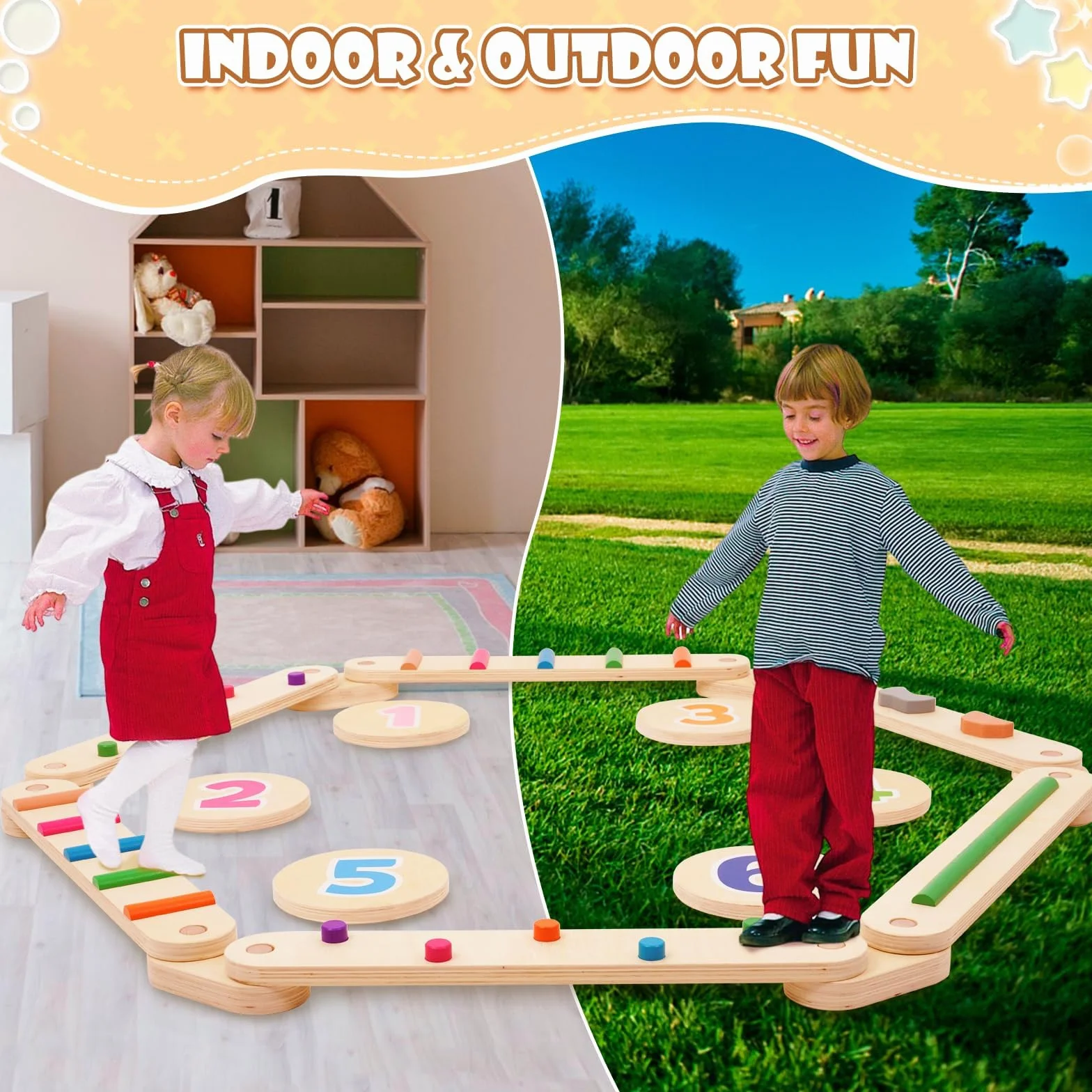 Poutre d'équilibre en bois pour enfants avec 6 pierres d'équilibre, jouets Montessori d'entraînement à l'équilibre