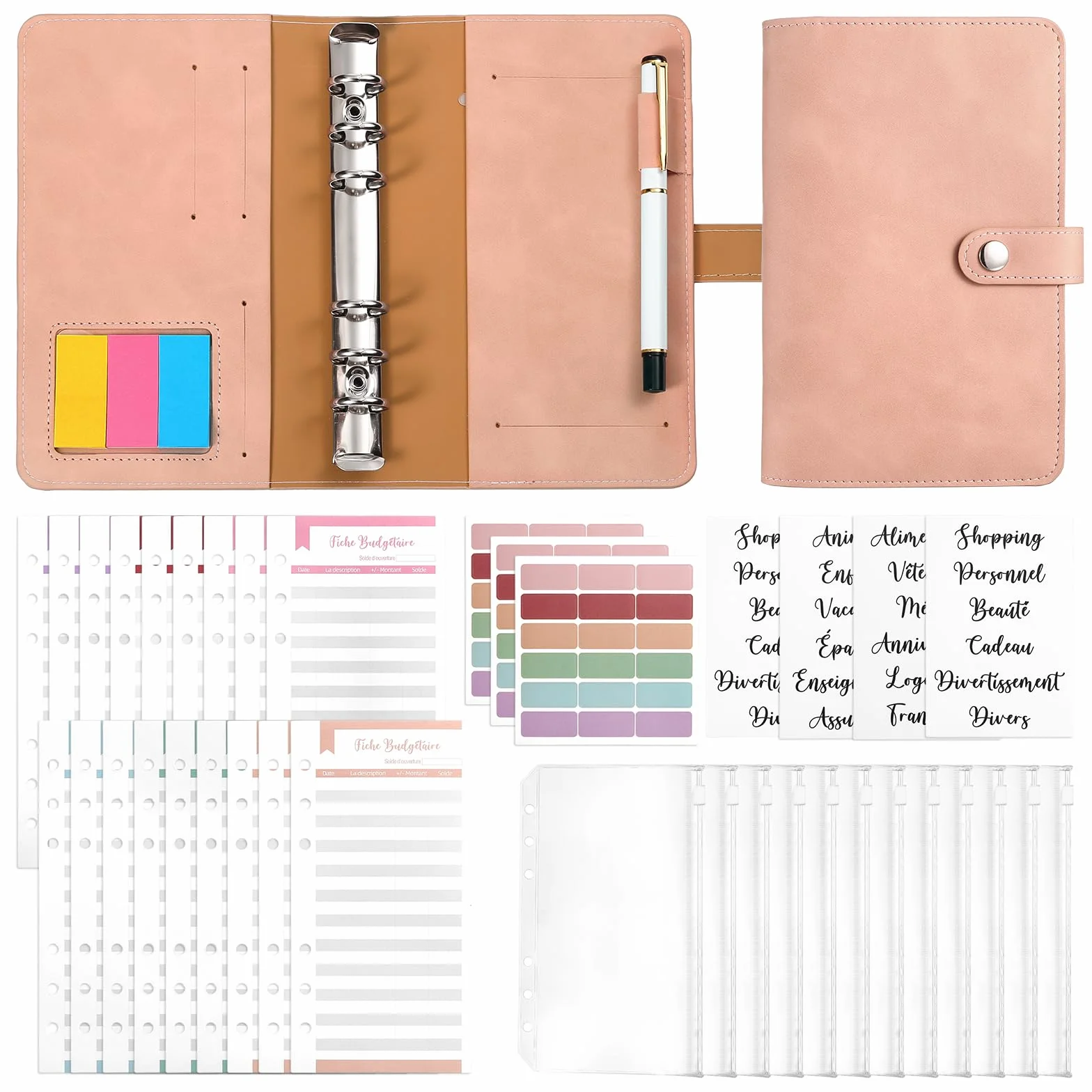 Kesote Enveloppe Budget Français Classeur Budget Planner Carnet Argent 14 Budgets 24 Feuilles 3 Autocollants 54 Étiquettes 1 Stylo A6 Rose